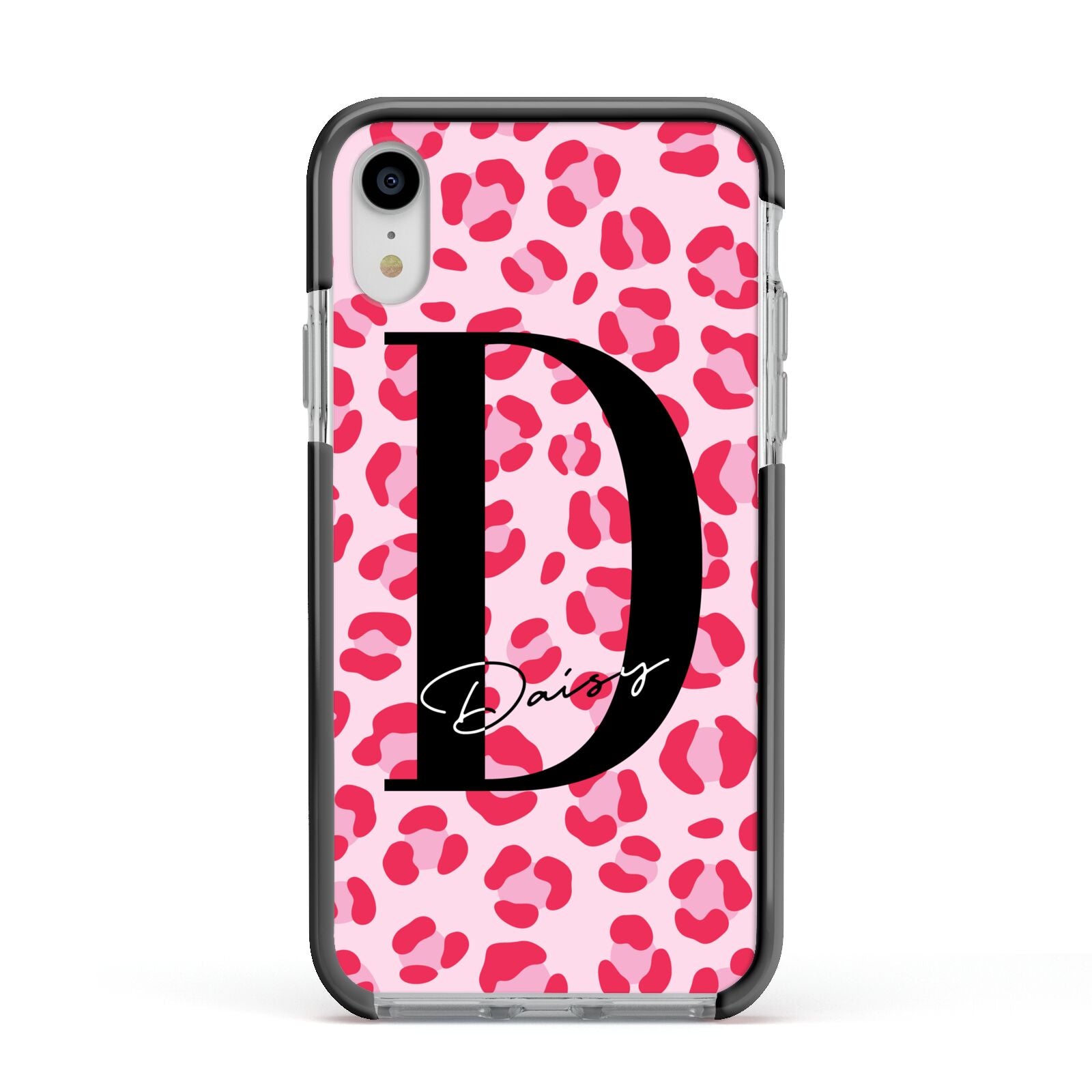 Personalised Leopard Print Pink Red Apple iPhone XR Impact Case Black Edge on Silver Phone