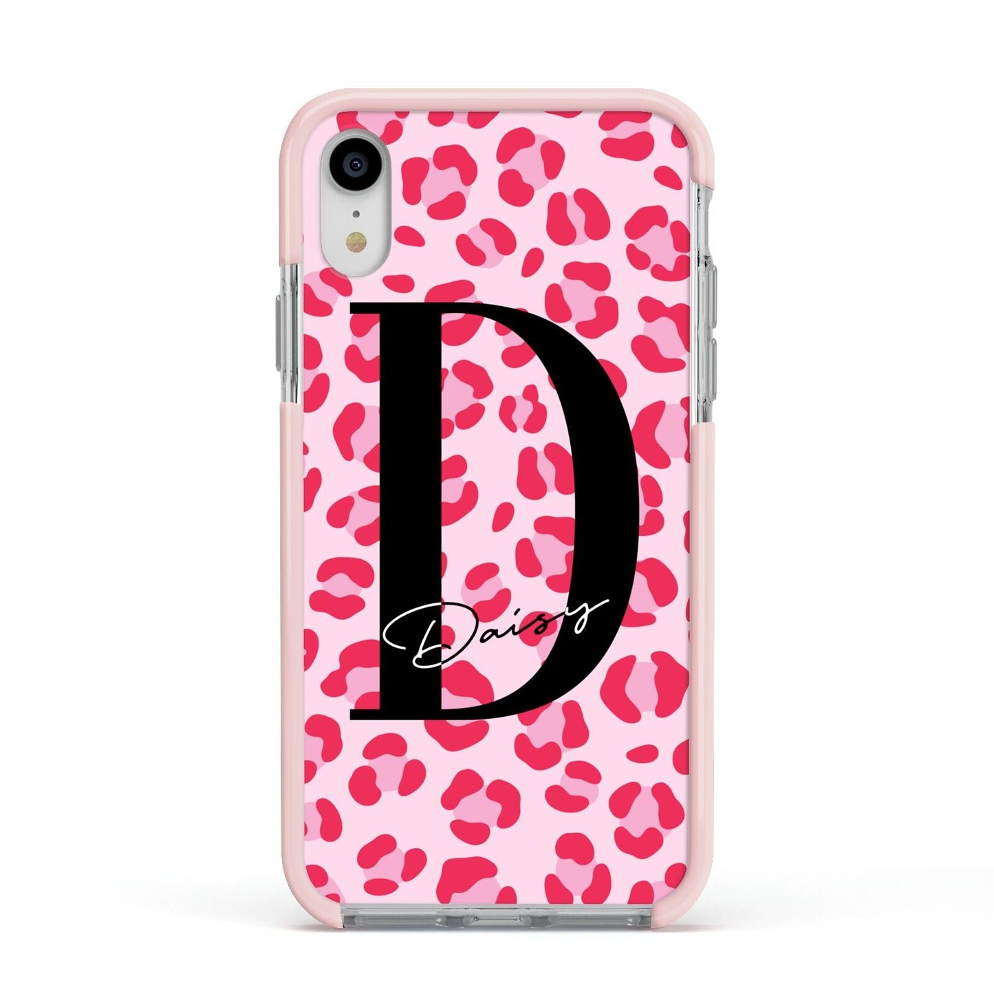 Personalised Leopard Print Pink Red Apple iPhone XR Impact Case Pink Edge on Silver Phone