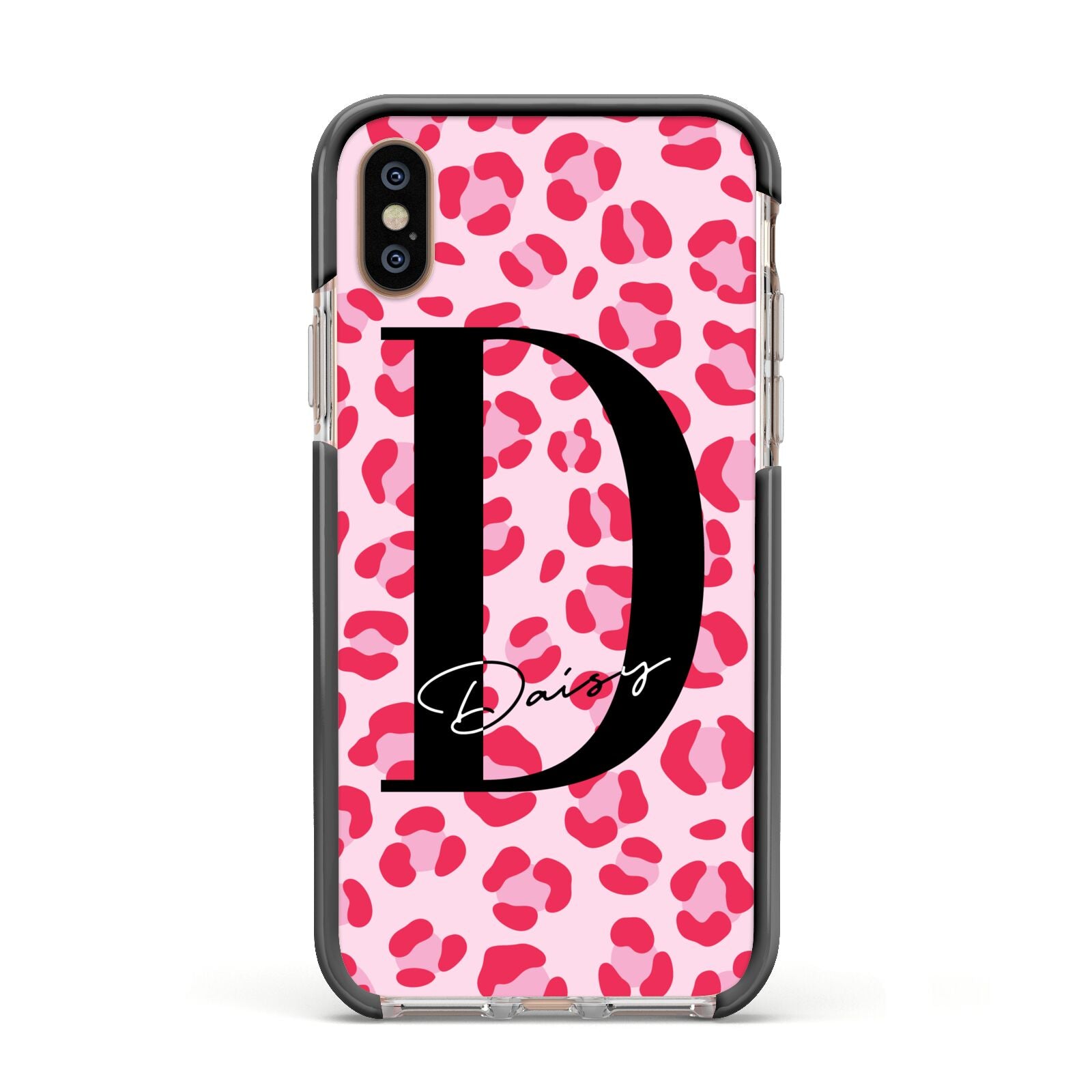 Personalised Leopard Print Pink Red Apple iPhone Xs Impact Case Black Edge on Gold Phone