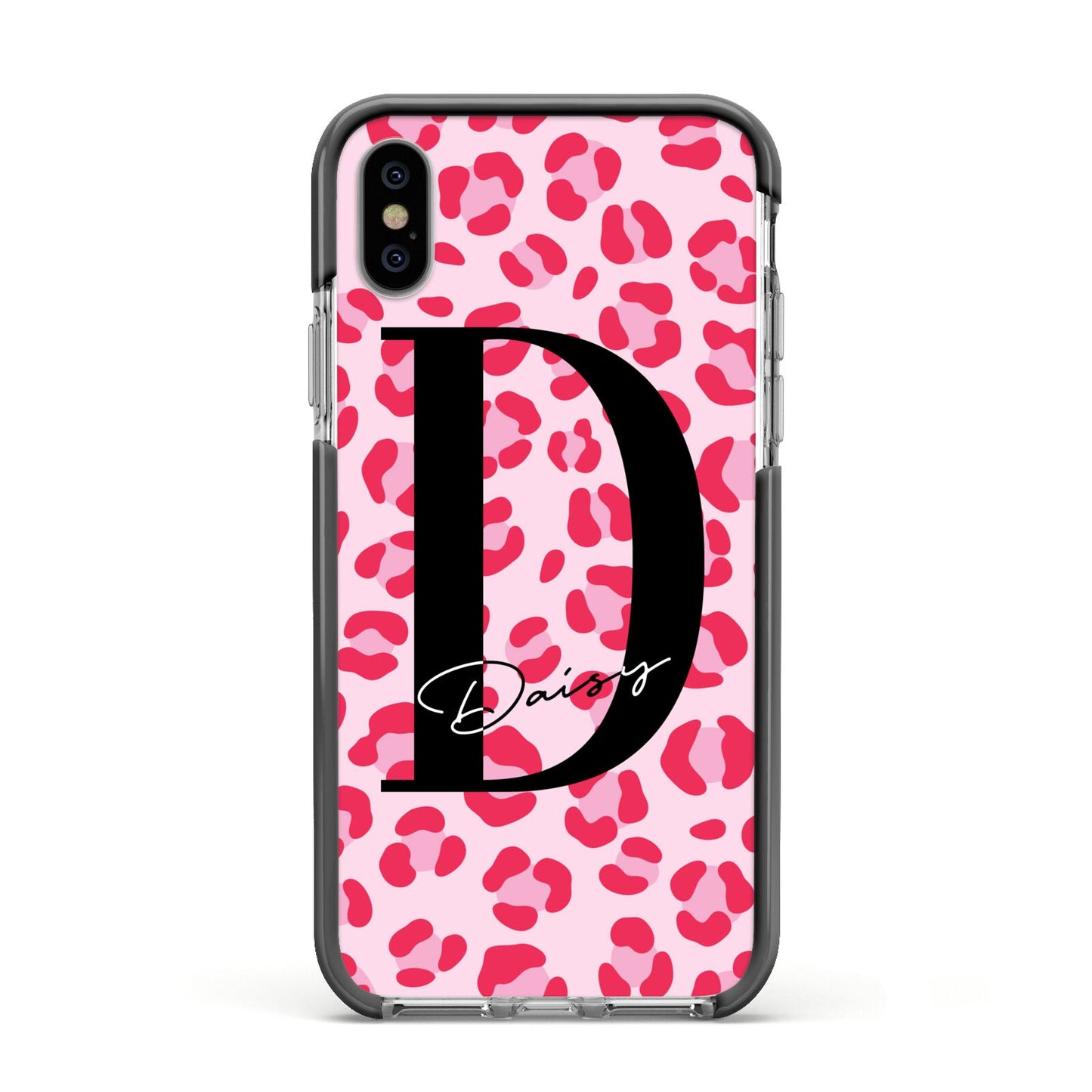 Personalised Leopard Print Pink Red Apple iPhone Xs Impact Case Black Edge on Silver Phone