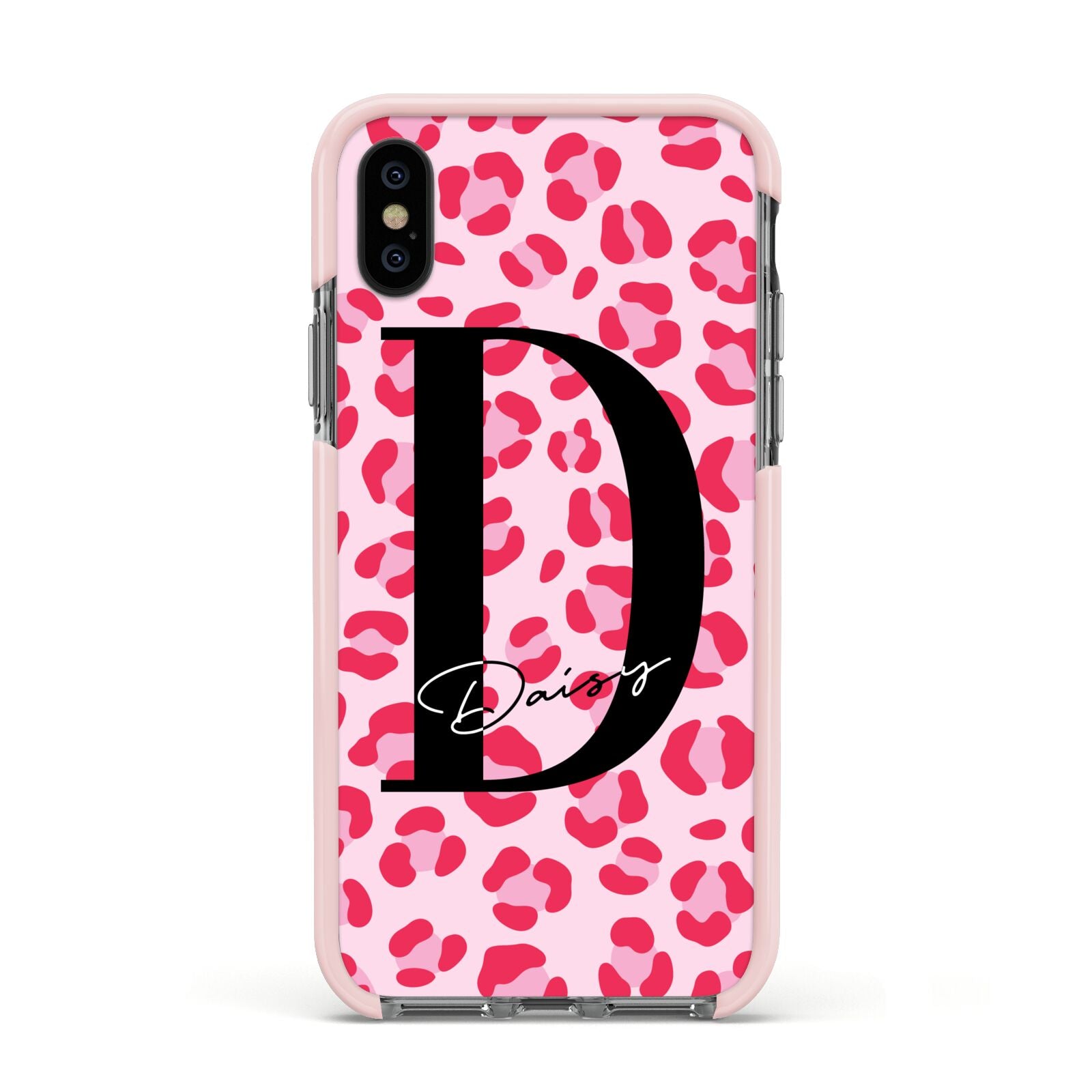 Personalised Leopard Print Pink Red Apple iPhone Xs Impact Case Pink Edge on Black Phone
