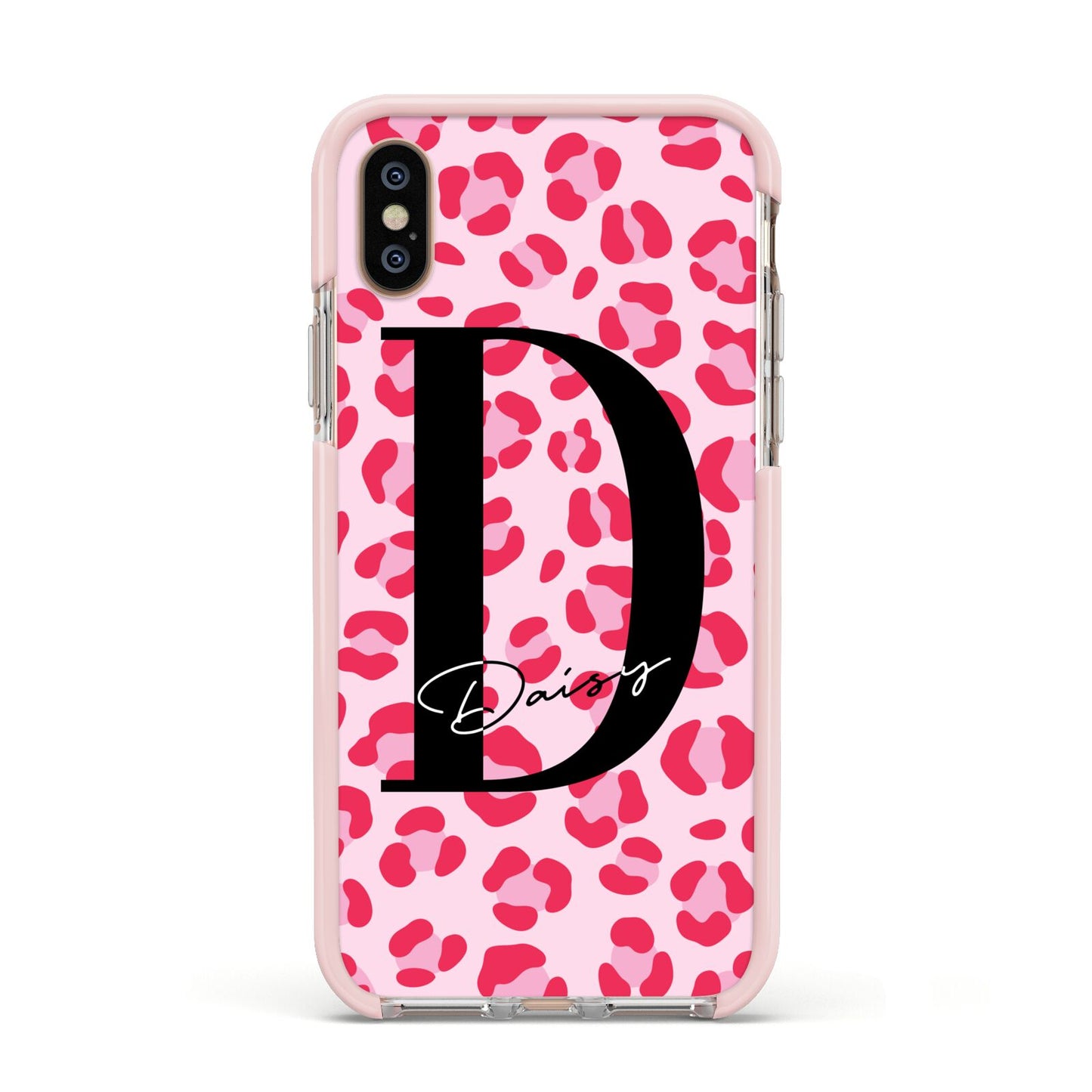 Personalised Leopard Print Pink Red Apple iPhone Xs Impact Case Pink Edge on Gold Phone