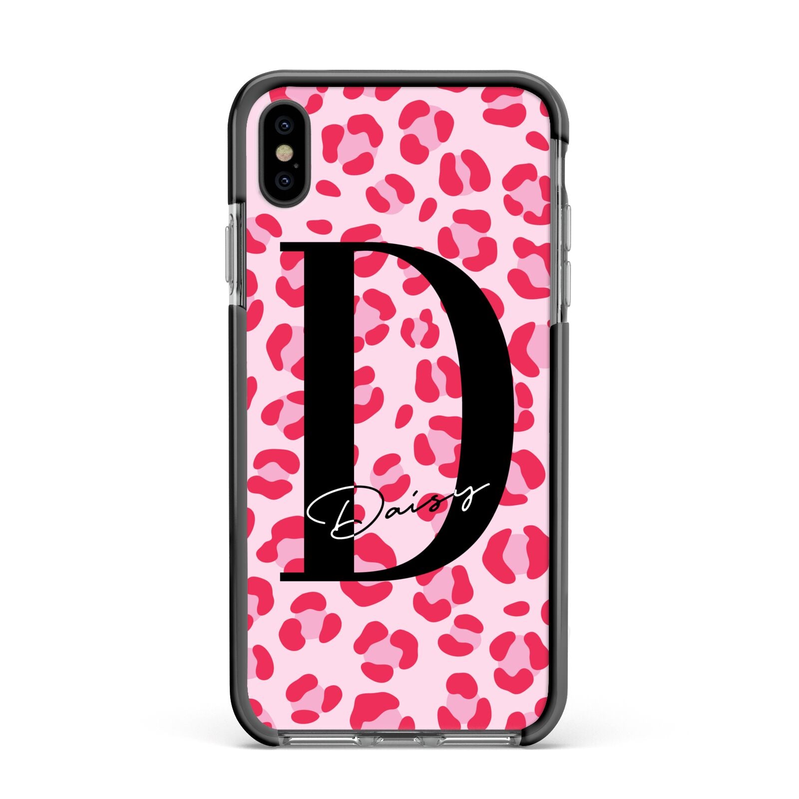 Personalised Leopard Print Pink Red Apple iPhone Xs Max Impact Case Black Edge on Black Phone