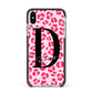 Personalised Leopard Print Pink Red Apple iPhone Xs Max Impact Case Black Edge on Silver Phone