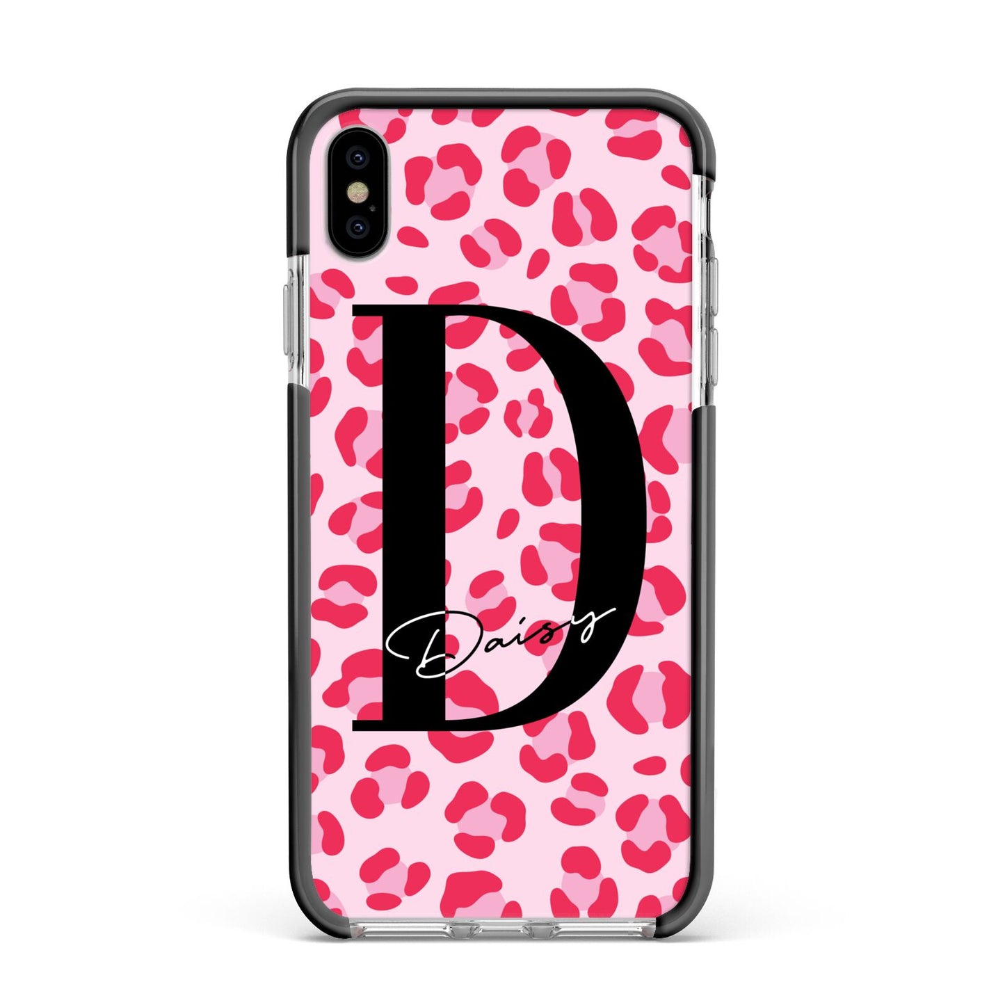 Personalised Leopard Print Pink Red Apple iPhone Xs Max Impact Case Black Edge on Silver Phone