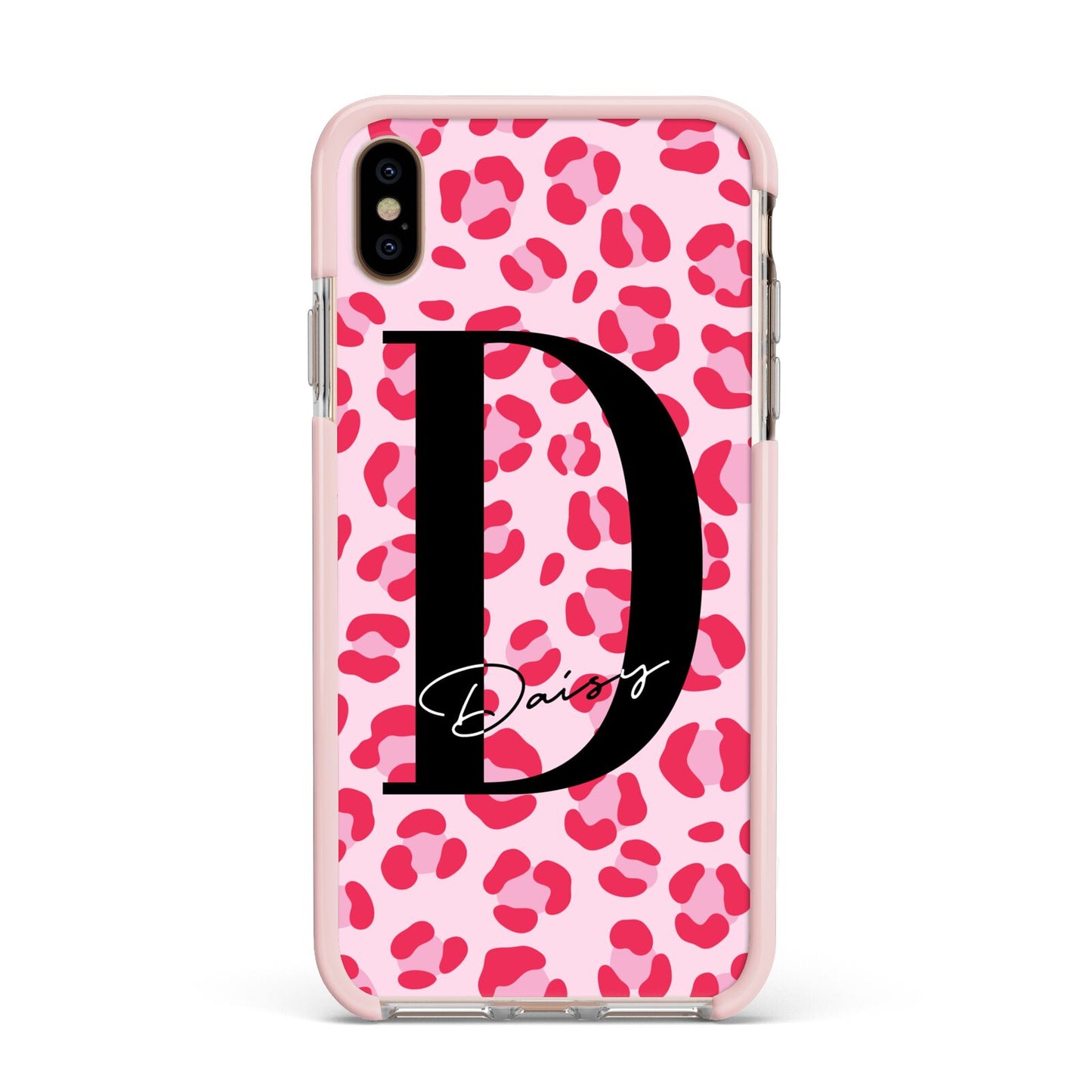 Personalised Leopard Print Pink Red Apple iPhone Xs Max Impact Case Pink Edge on Gold Phone