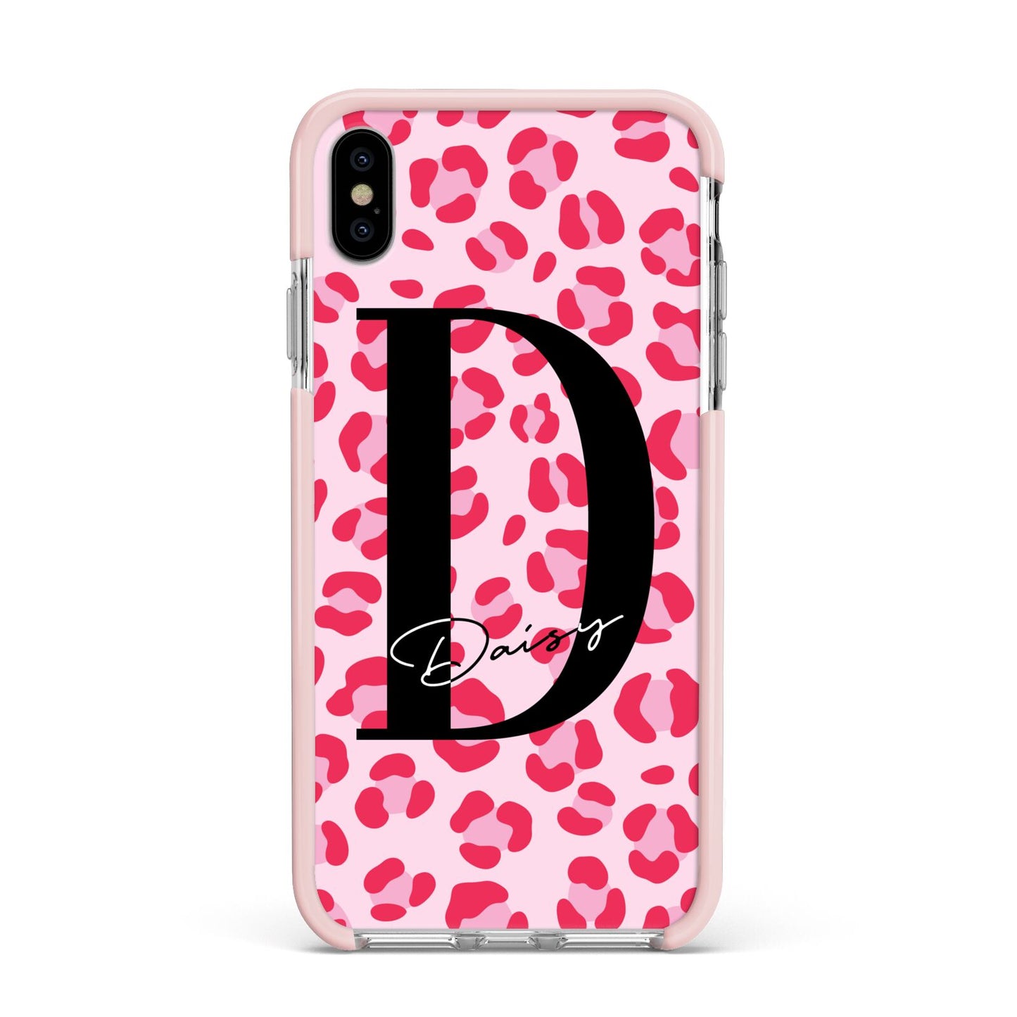Personalised Leopard Print Pink Red Apple iPhone Xs Max Impact Case Pink Edge on Silver Phone