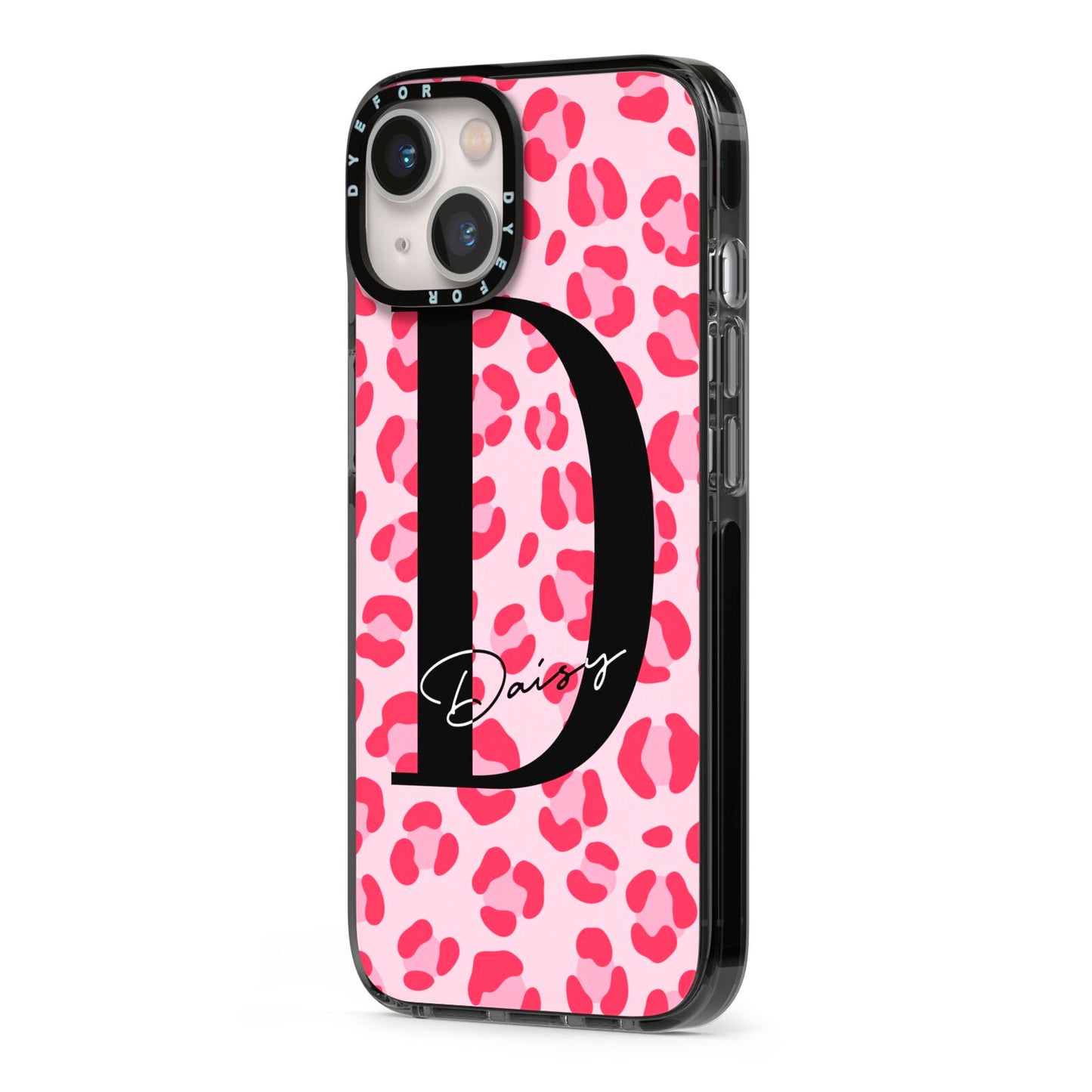 Personalised Leopard Print Pink Red iPhone 13 Black Impact Case Side Angle on Silver phone
