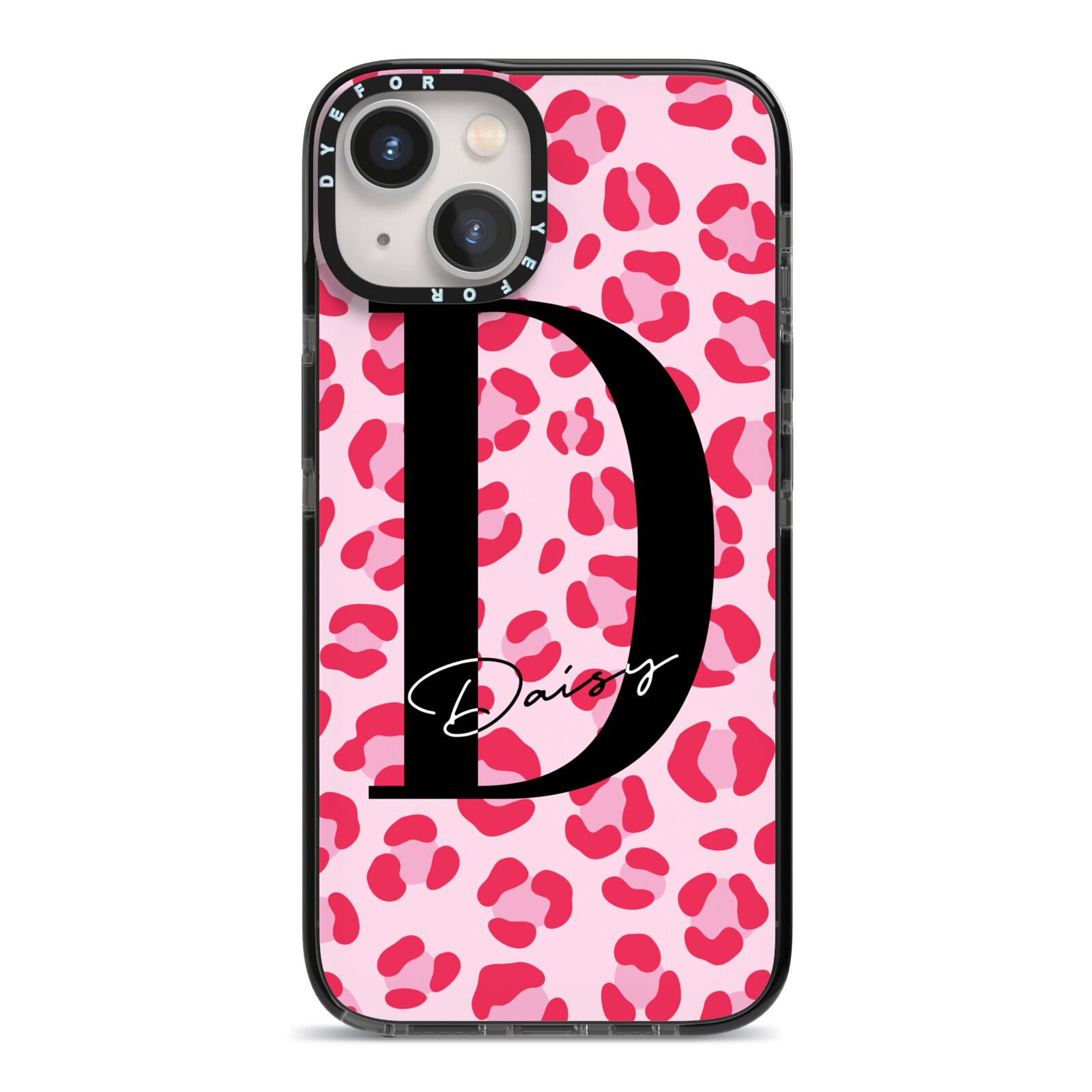 Personalised Leopard Print Pink Red iPhone 13 Black Impact Case on Silver phone