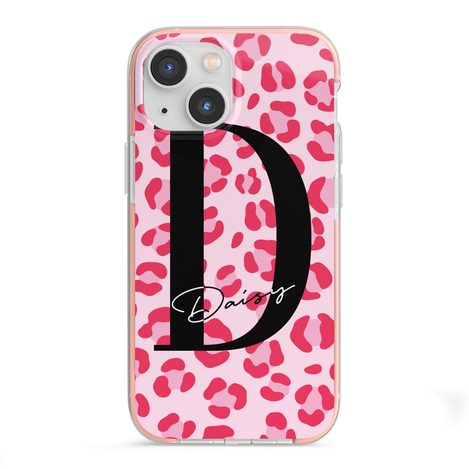 Personalised Leopard Print Pink Red iPhone 13 Mini TPU Impact Case with Pink Edges