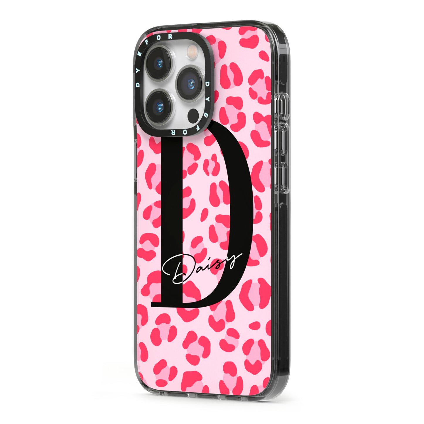 Personalised Leopard Print Pink Red iPhone 13 Pro Black Impact Case Side Angle on Silver phone