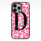 Personalised Leopard Print Pink Red iPhone 13 Pro Black Impact Case on Silver phone