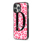 Personalised Leopard Print Pink Red iPhone 13 Pro Max Black Impact Case Side Angle on Silver phone