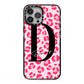 Personalised Leopard Print Pink Red iPhone 13 Pro Max Black Impact Case on Silver phone