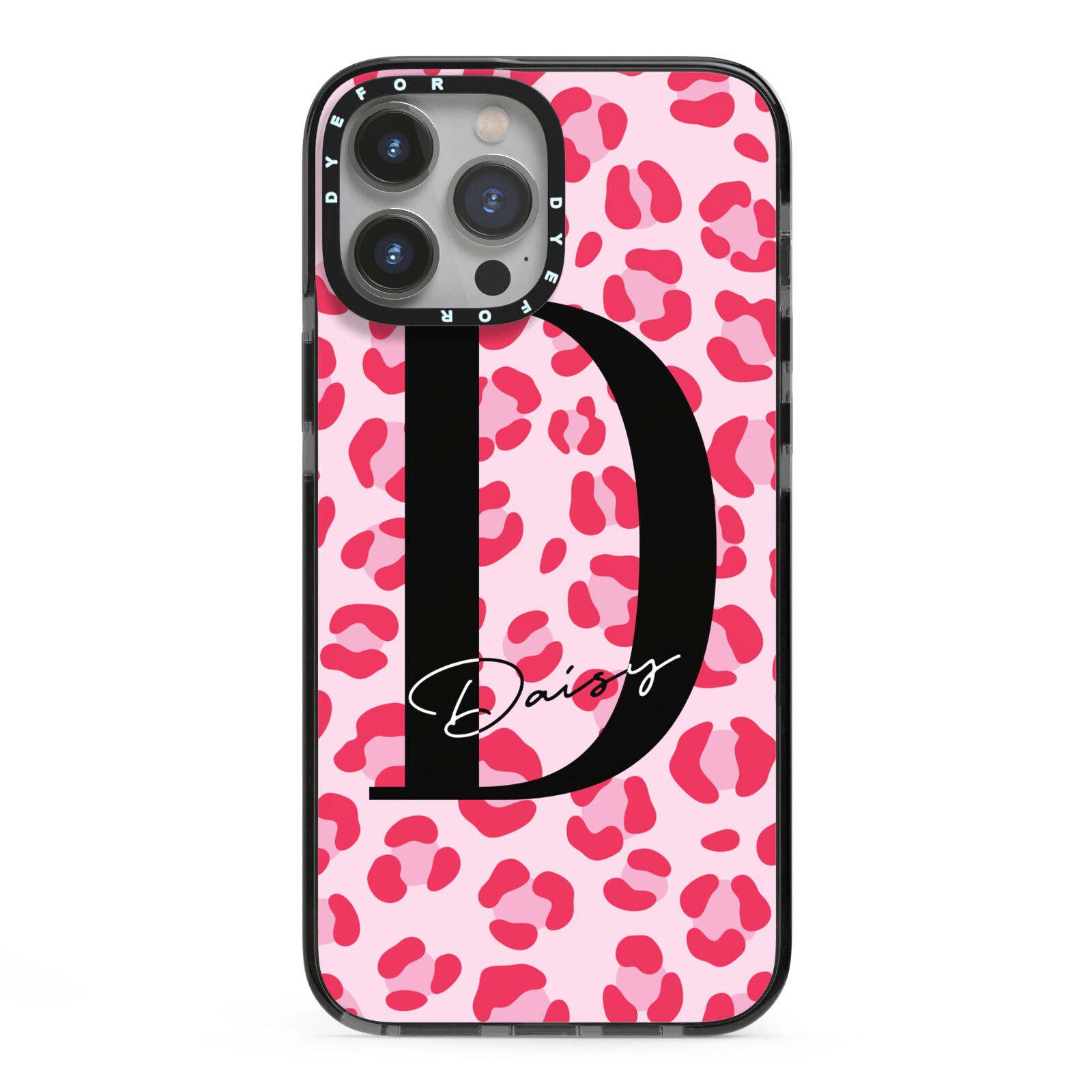 Personalised Leopard Print Pink Red iPhone 13 Pro Max Black Impact Case on Silver phone