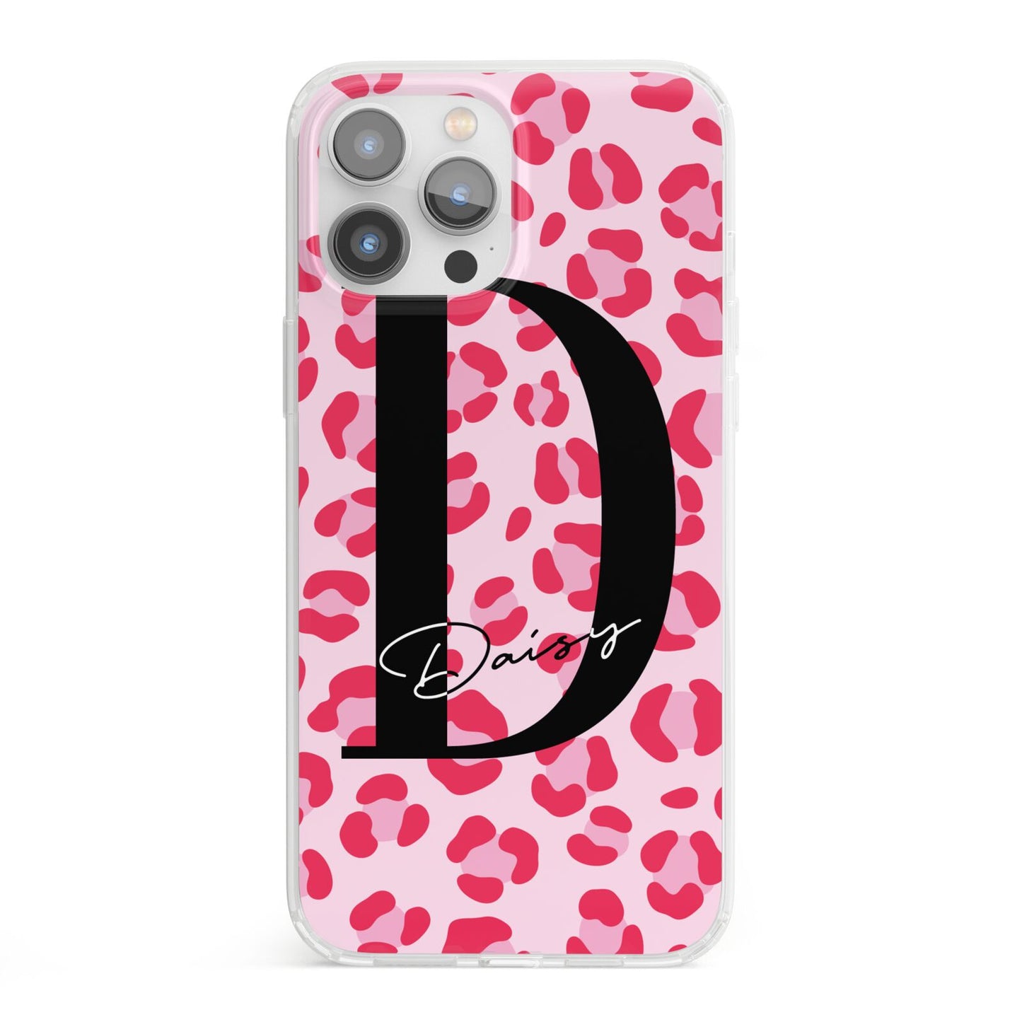 Personalised Leopard Print Pink Red iPhone 13 Pro Max Clear Bumper Case