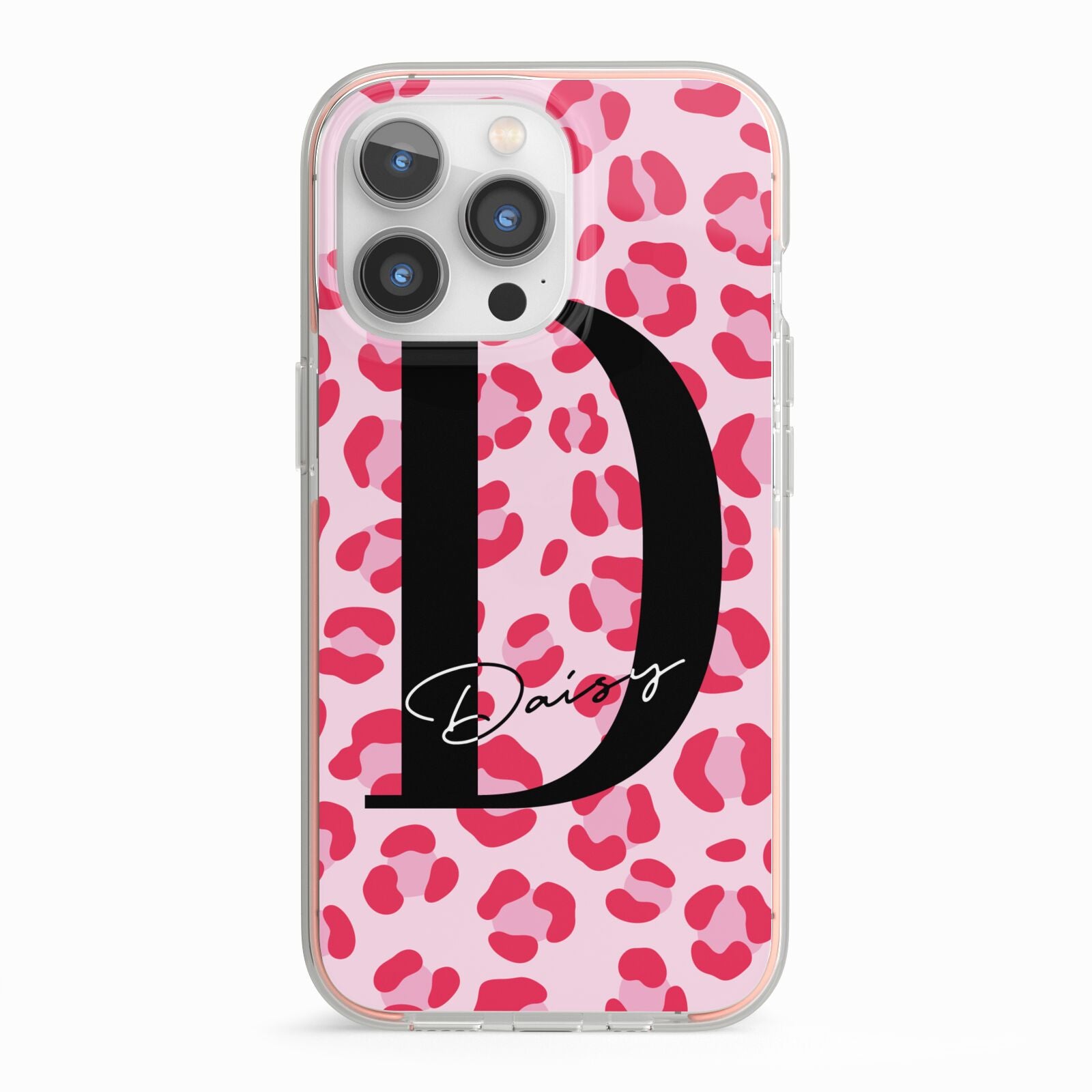 Personalised Leopard Print Pink Red iPhone 13 Pro TPU Impact Case with Pink Edges