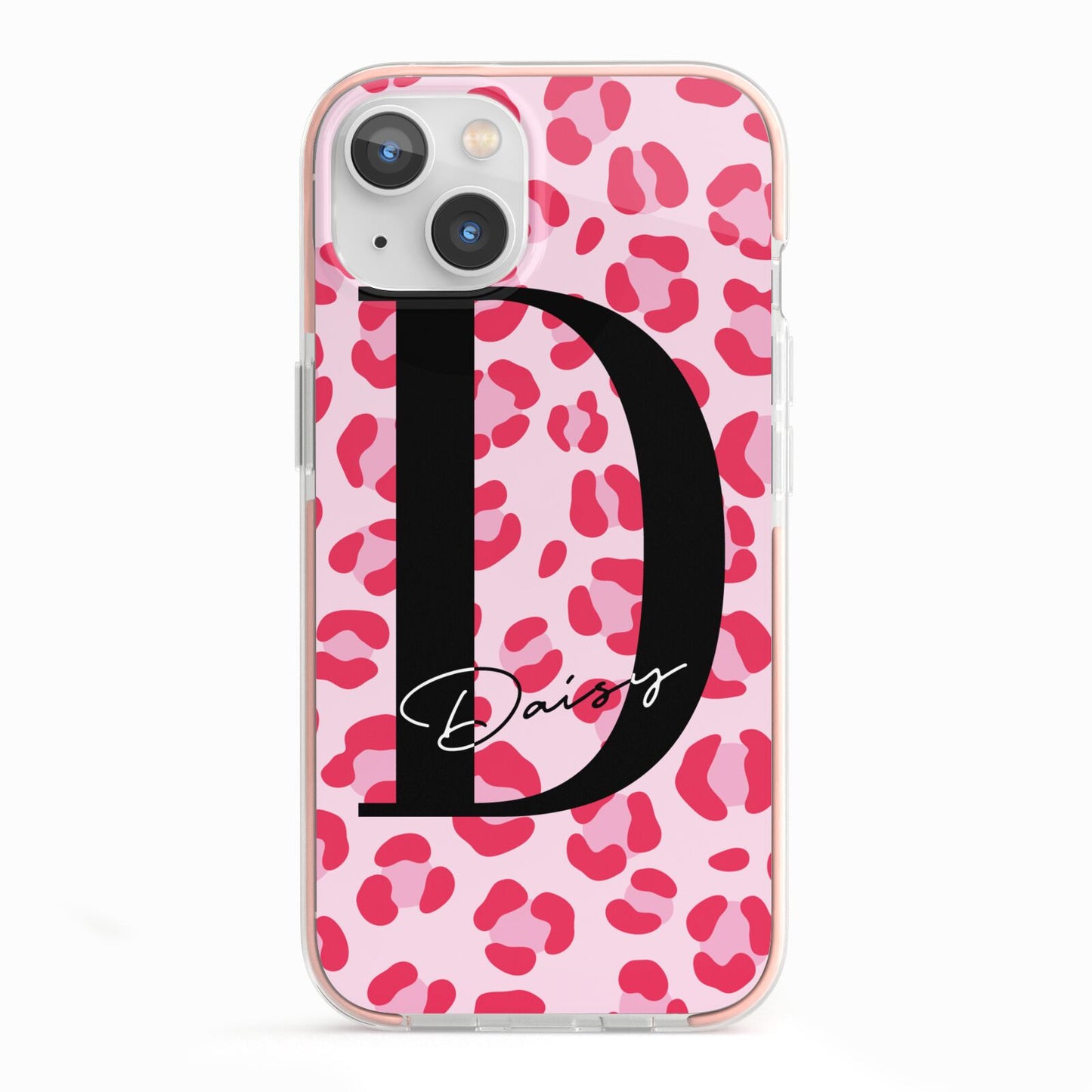 Personalised Leopard Print Pink Red iPhone 13 TPU Impact Case with Pink Edges