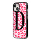 Personalised Leopard Print Pink Red iPhone 14 Black Impact Case Side Angle on Silver phone