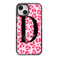 Personalised Leopard Print Pink Red iPhone 14 Black Impact Case on Silver phone