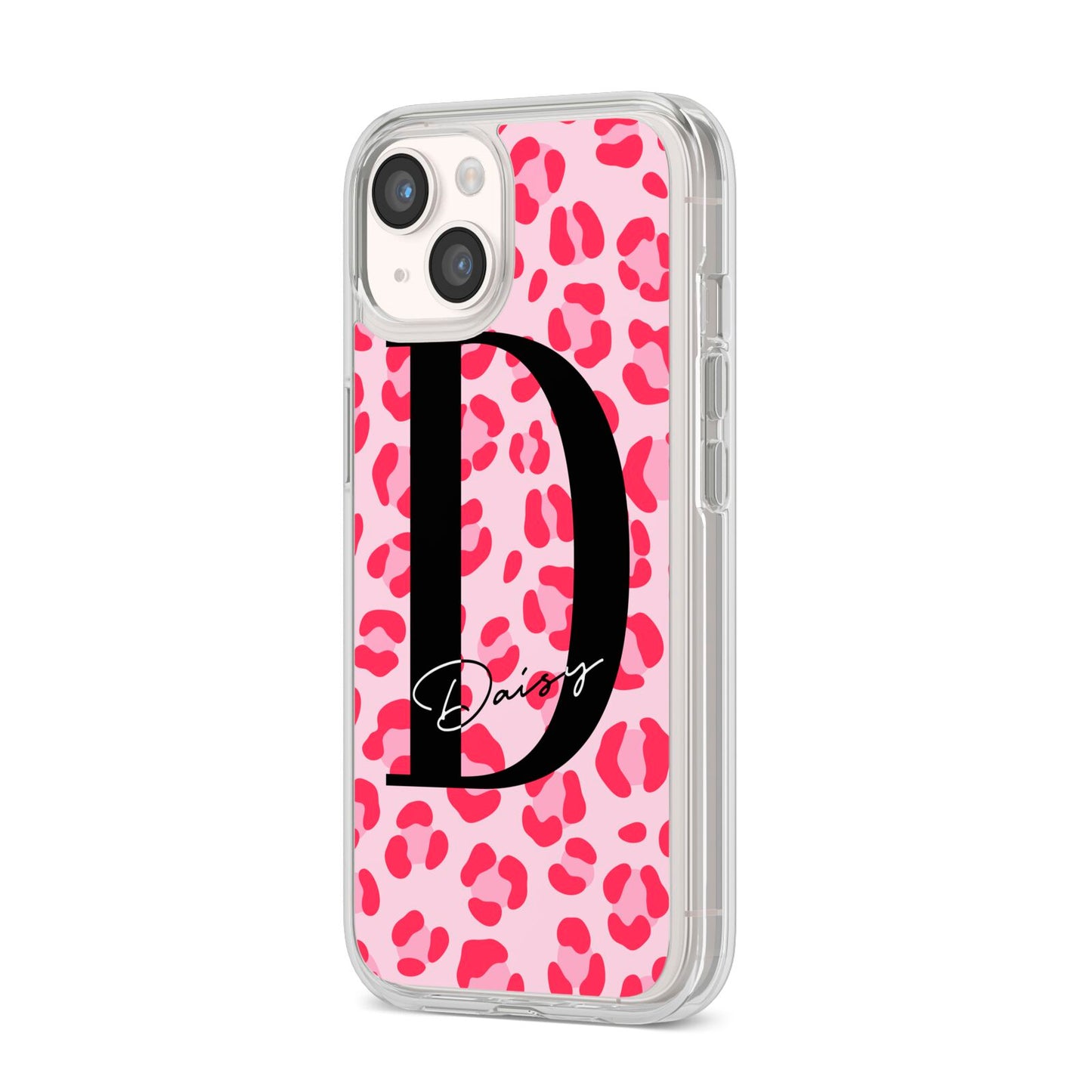 Personalised Leopard Print Pink Red iPhone 14 Clear Tough Case Starlight Angled Image