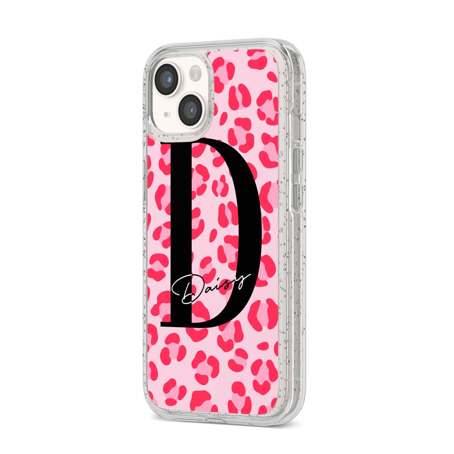 Personalised Leopard Print Pink Red iPhone 14 Glitter Tough Case Starlight Angled Image