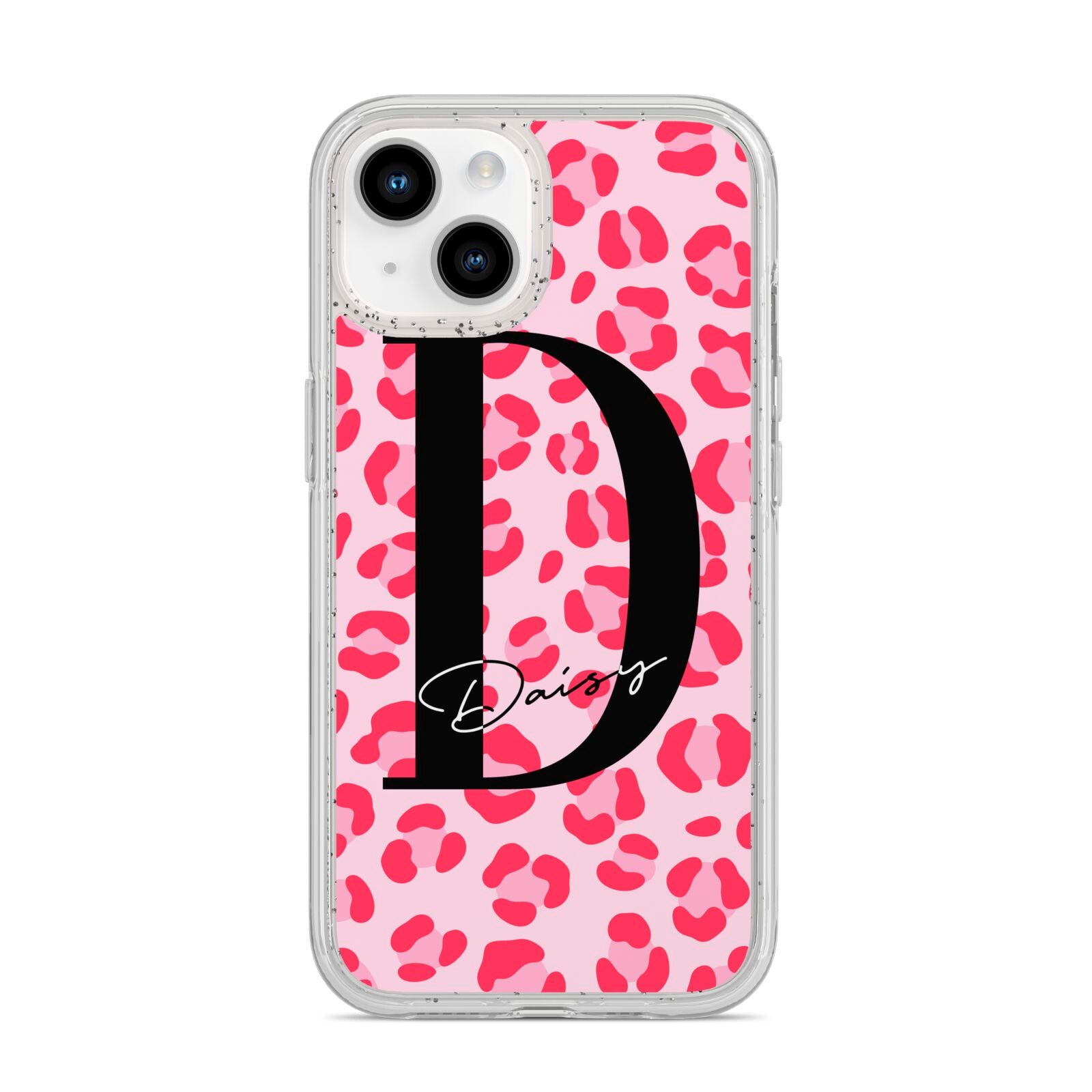 Personalised Leopard Print Pink Red iPhone 14 Glitter Tough Case Starlight