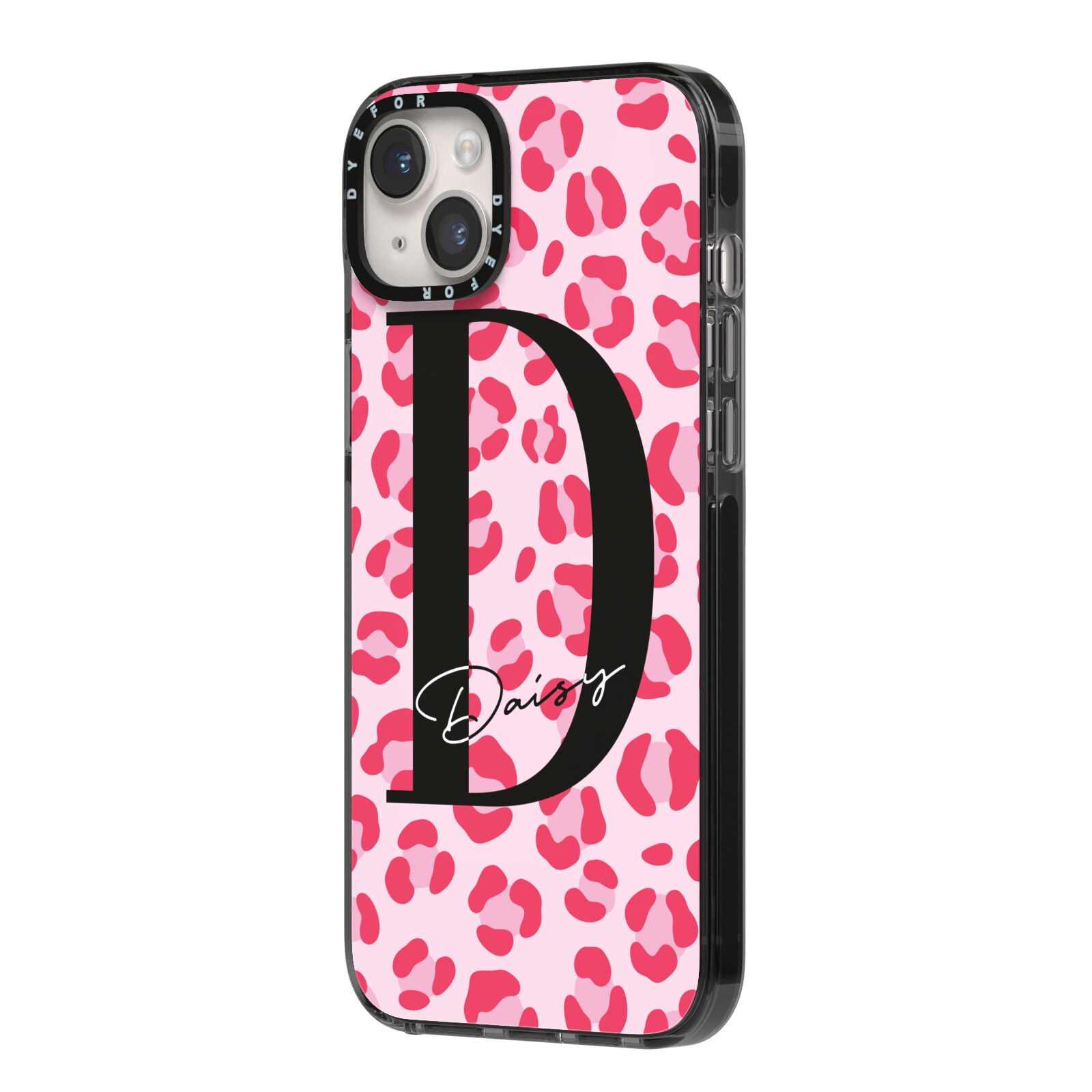 Personalised Leopard Print Pink Red iPhone 14 Plus Black Impact Case Side Angle on Silver phone