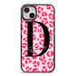 Personalised Leopard Print Pink Red iPhone 14 Plus Black Impact Case on Silver phone