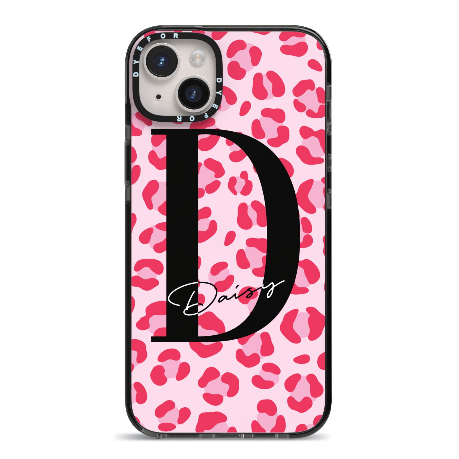 Personalised Leopard Print Pink Red iPhone 14 Plus Black Impact Case on Silver phone
