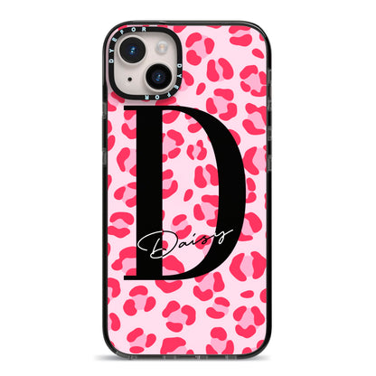 Personalised Leopard Print Pink Red iPhone 14 Plus Black Impact Case on Silver phone