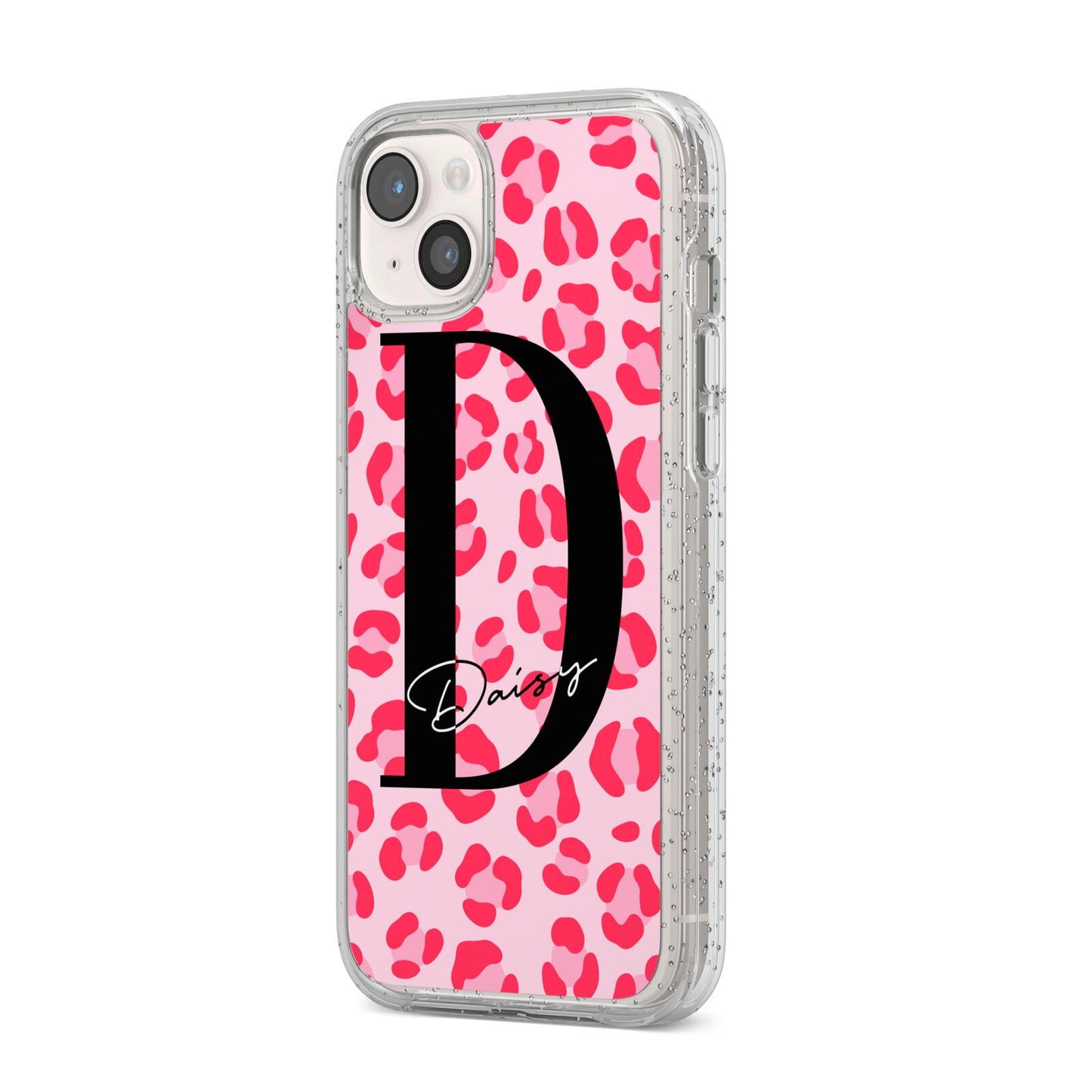 Personalised Leopard Print Pink Red iPhone 14 Plus Glitter Tough Case Starlight Angled Image