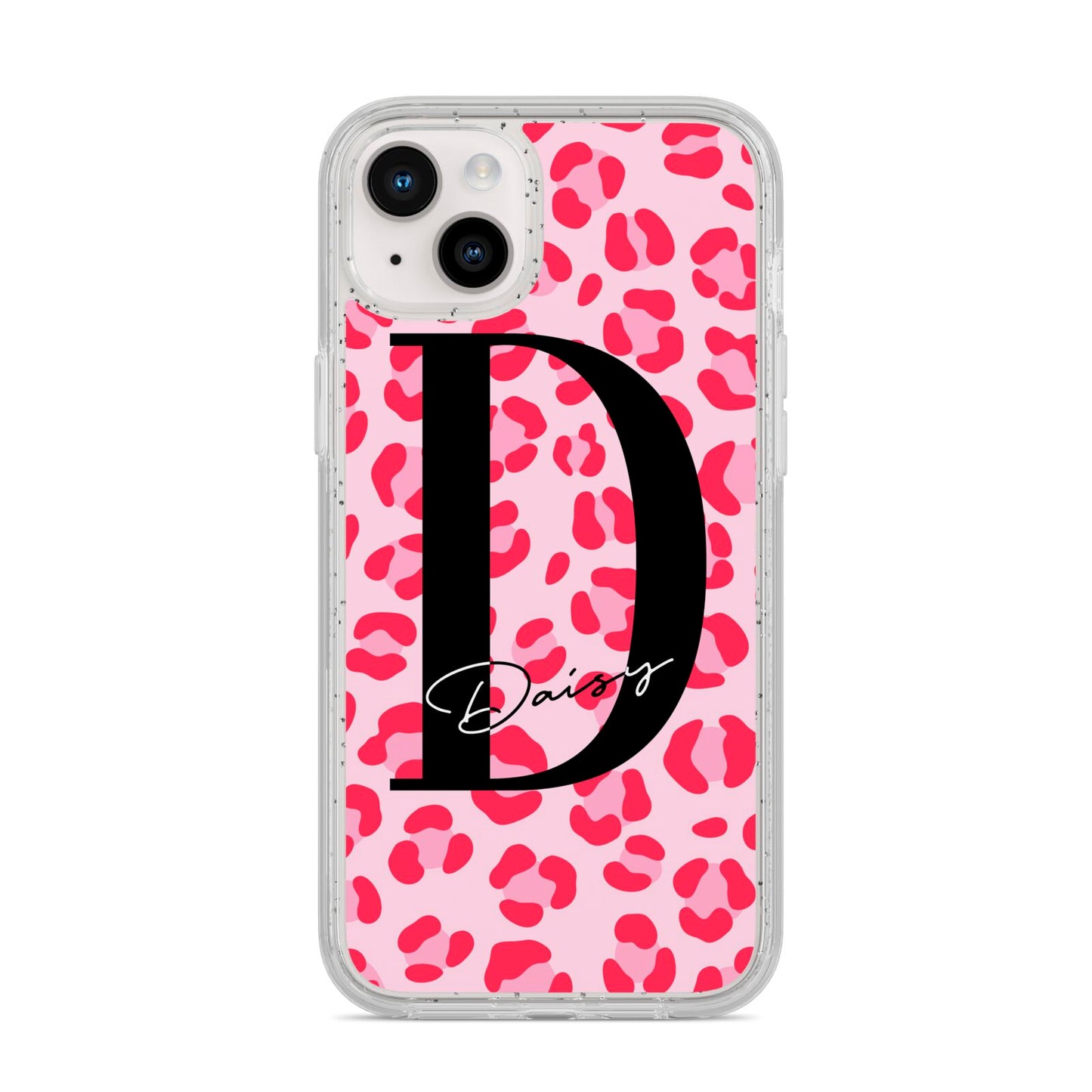 Personalised Leopard Print Pink Red iPhone 14 Plus Glitter Tough Case Starlight