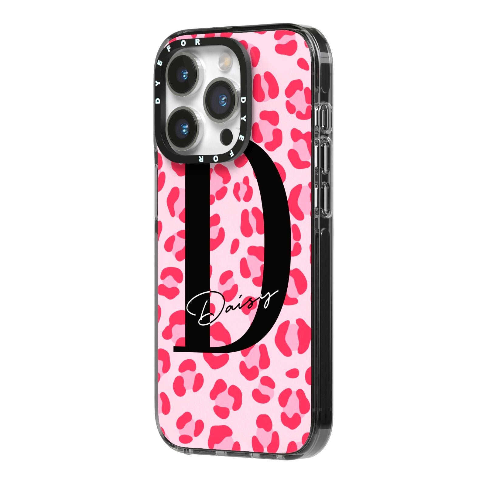Personalised Leopard Print Pink Red iPhone 14 Pro Black Impact Case Side Angle on Silver phone