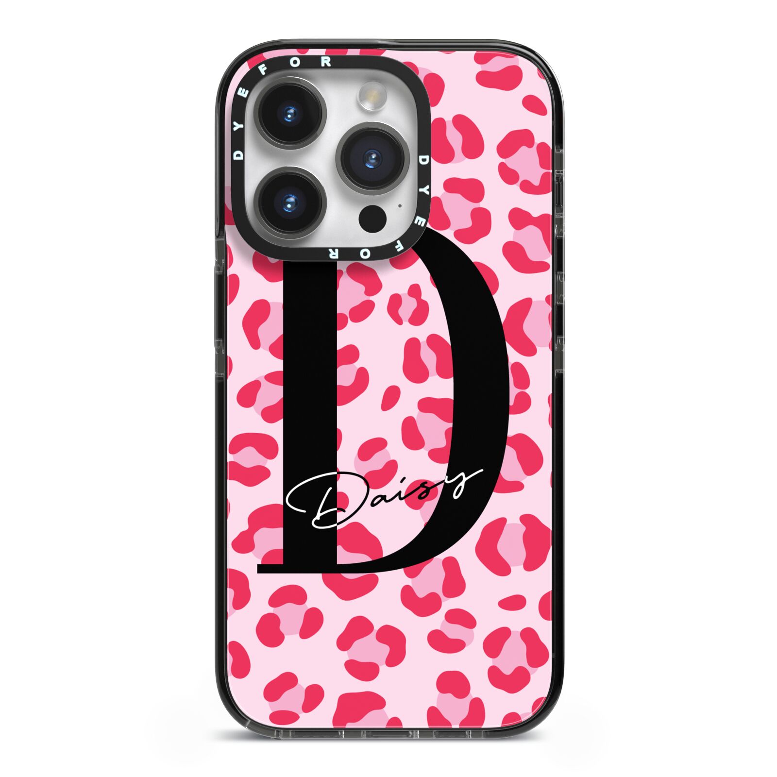 Personalised Leopard Print Pink Red iPhone 14 Pro Black Impact Case on Silver phone