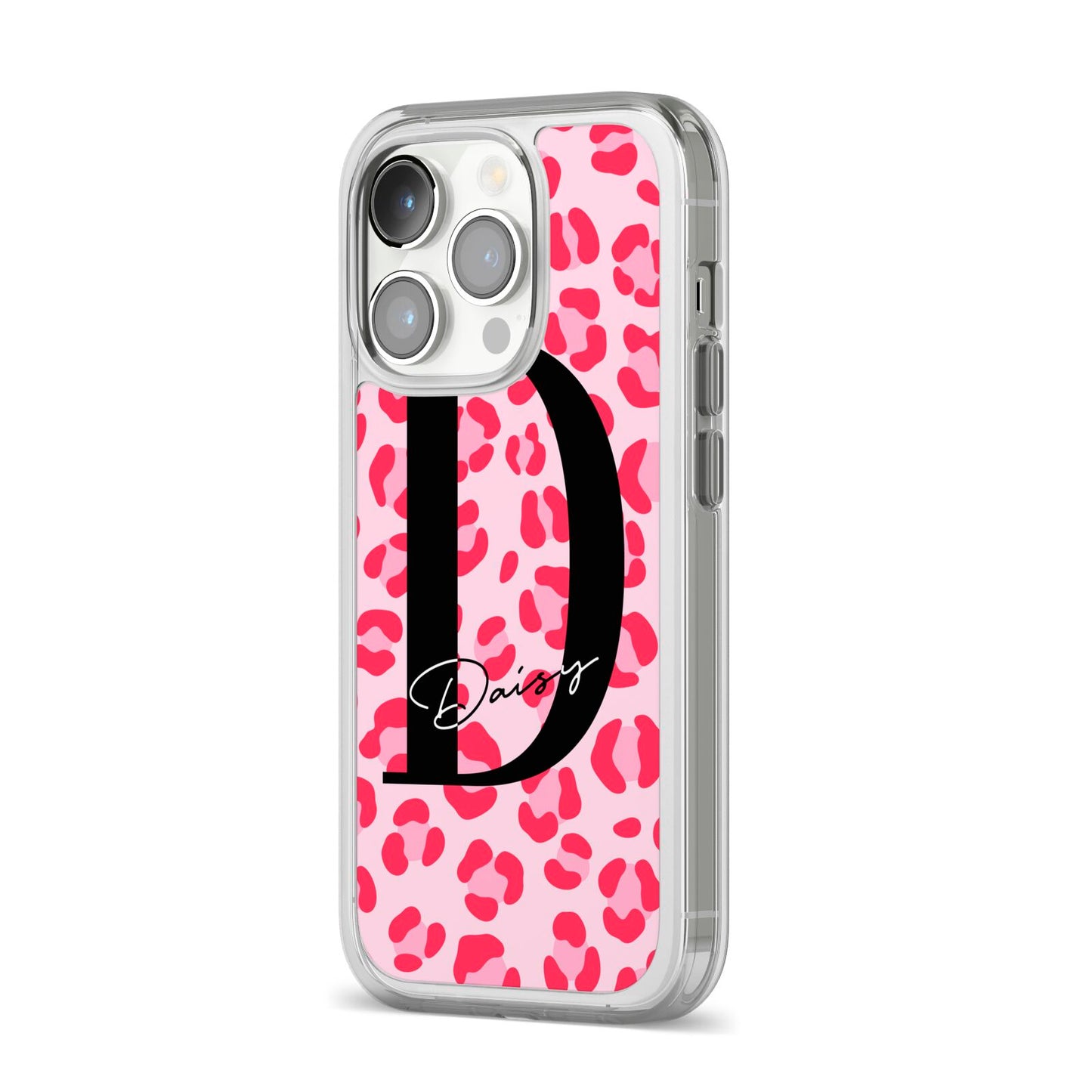 Personalised Leopard Print Pink Red iPhone 14 Pro Clear Tough Case Silver Angled Image