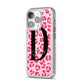 Personalised Leopard Print Pink Red iPhone 14 Pro Glitter Tough Case Silver Angled Image
