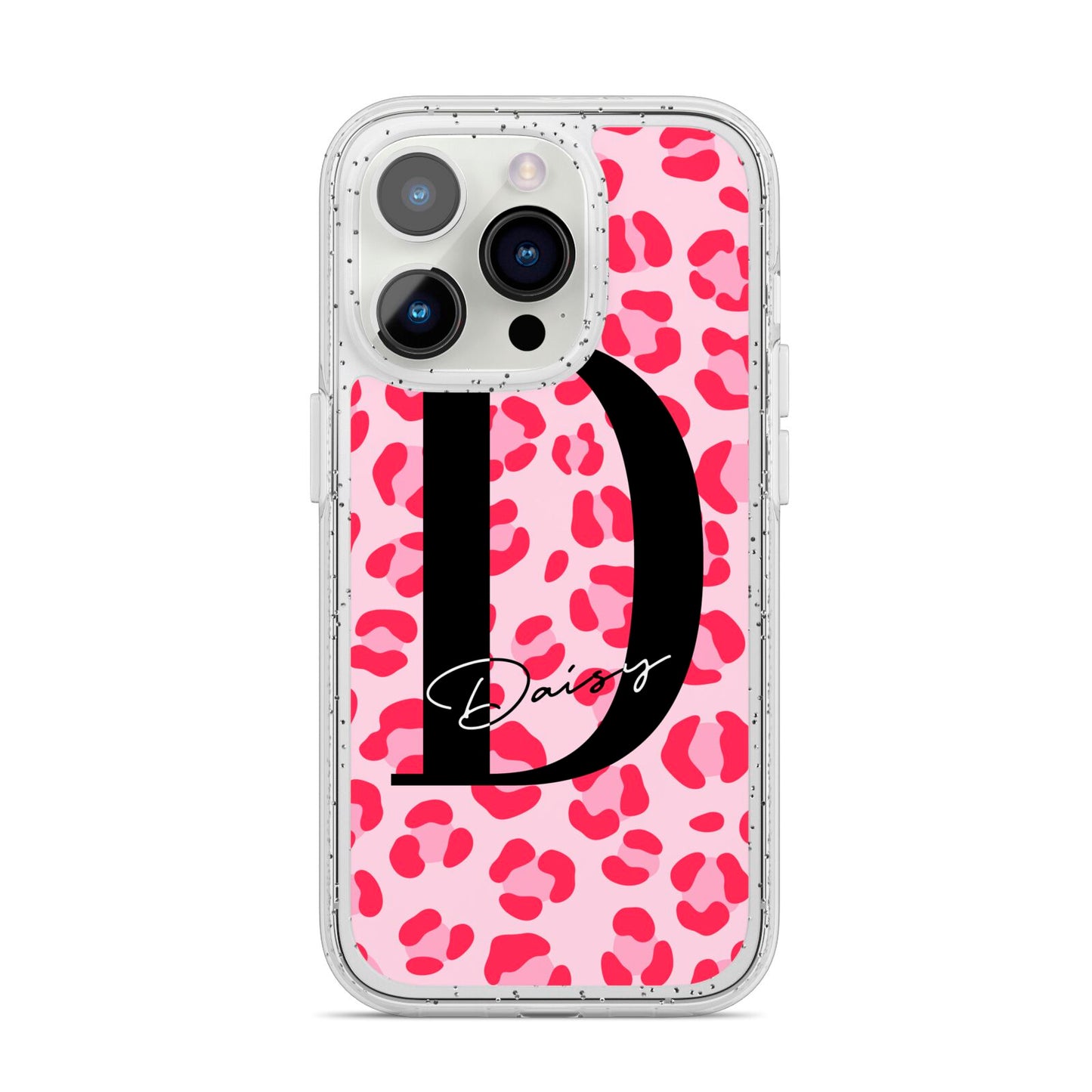 Personalised Leopard Print Pink Red iPhone 14 Pro Glitter Tough Case Silver