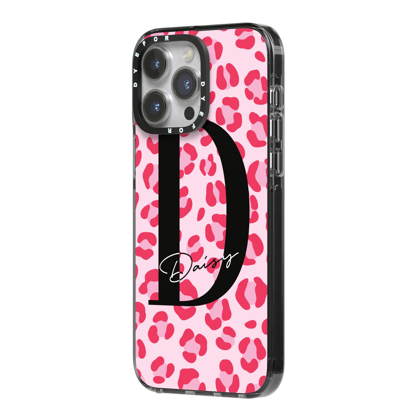 Personalised Leopard Print Pink Red iPhone 14 Pro Max Black Impact Case Side Angle on Silver phone