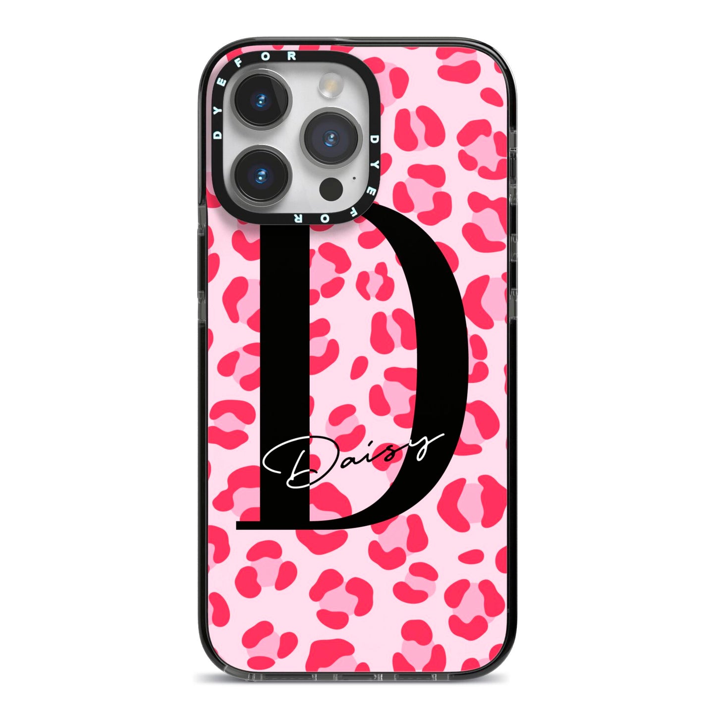 Personalised Leopard Print Pink Red iPhone 14 Pro Max Black Impact Case on Silver phone