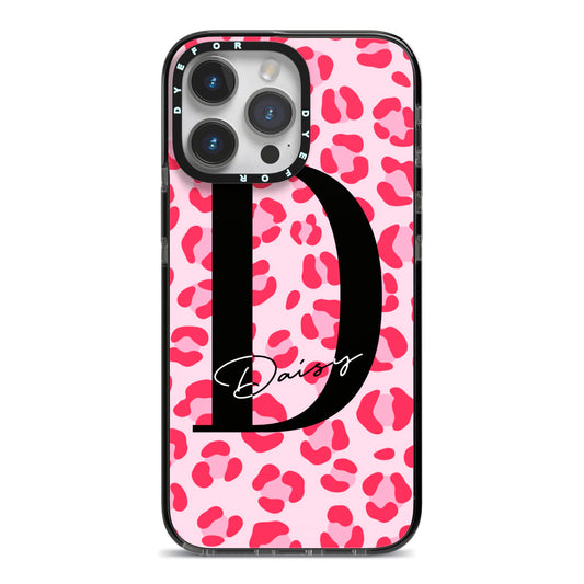 Personalised Leopard Print Pink Red iPhone 14 Pro Max Black Impact Case on Silver phone