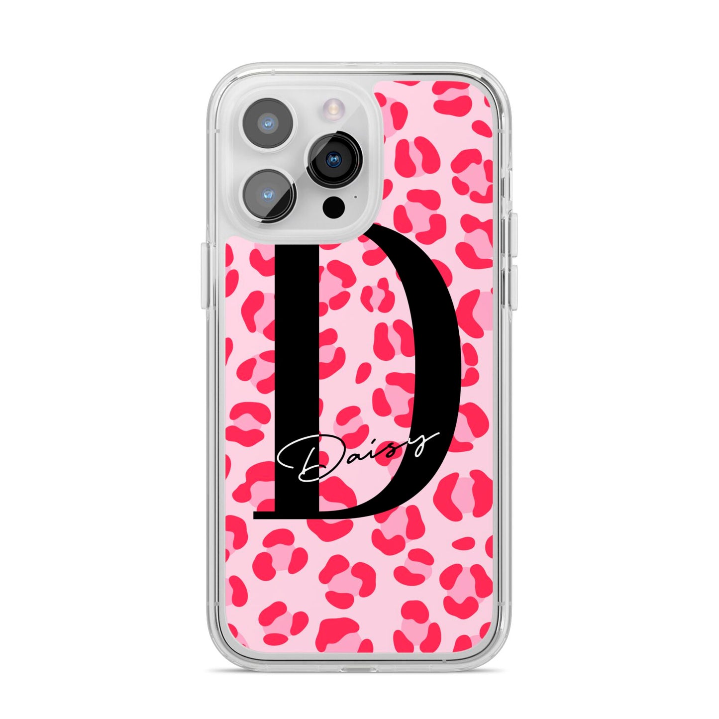 Personalised Leopard Print Pink Red iPhone 14 Pro Max Clear Tough Case Silver