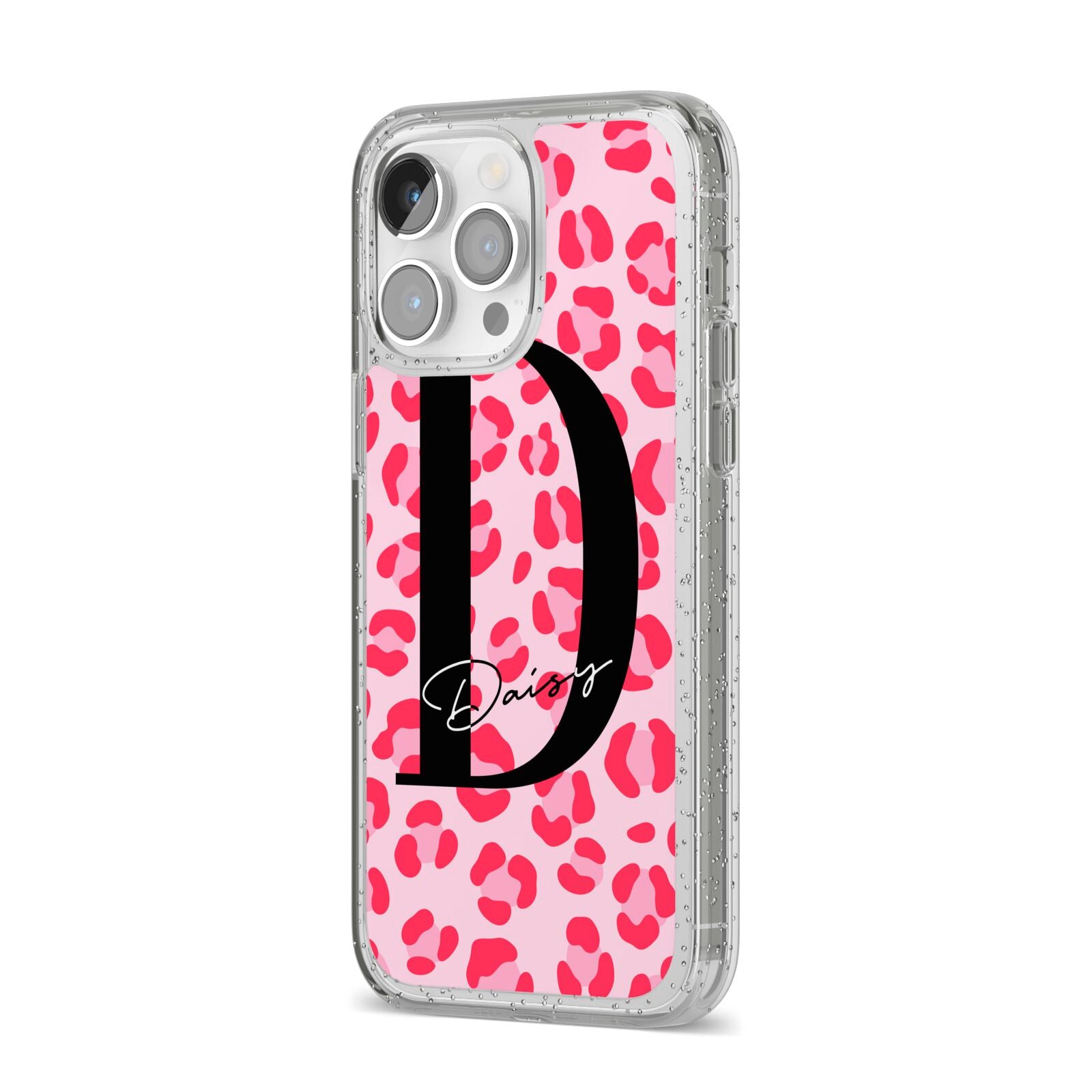 Personalised Leopard Print Pink Red iPhone 14 Pro Max Glitter Tough Case Silver Angled Image