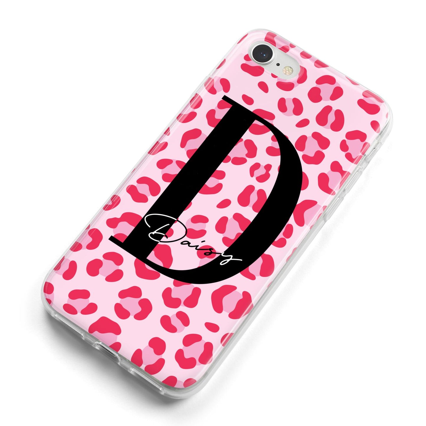 Personalised Leopard Print Pink Red iPhone 8 Bumper Case on Silver iPhone Alternative Image