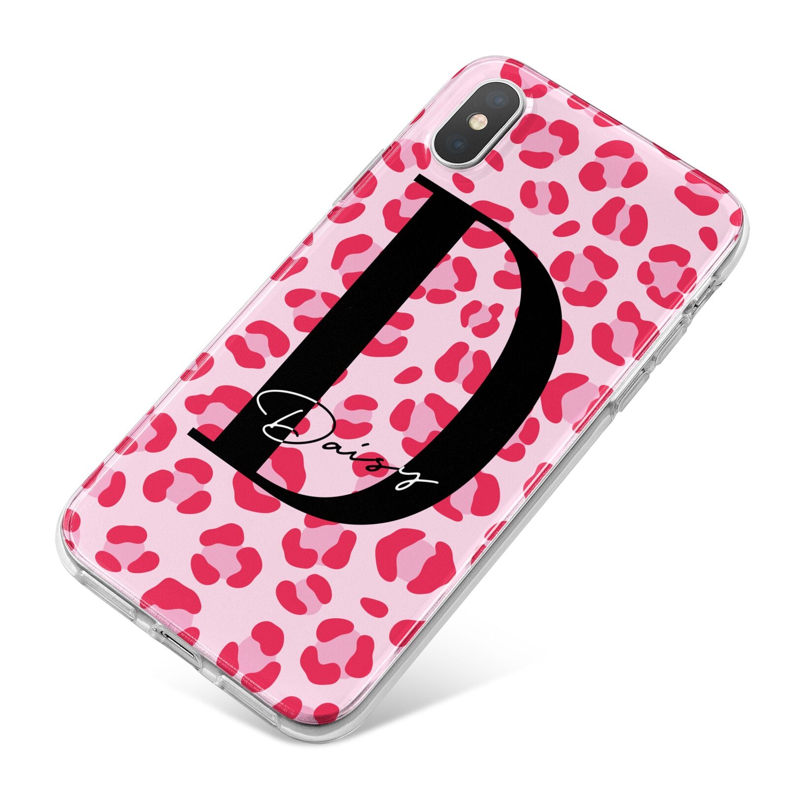 Personalised Leopard Print Pink Red iPhone X Bumper Case on Silver iPhone