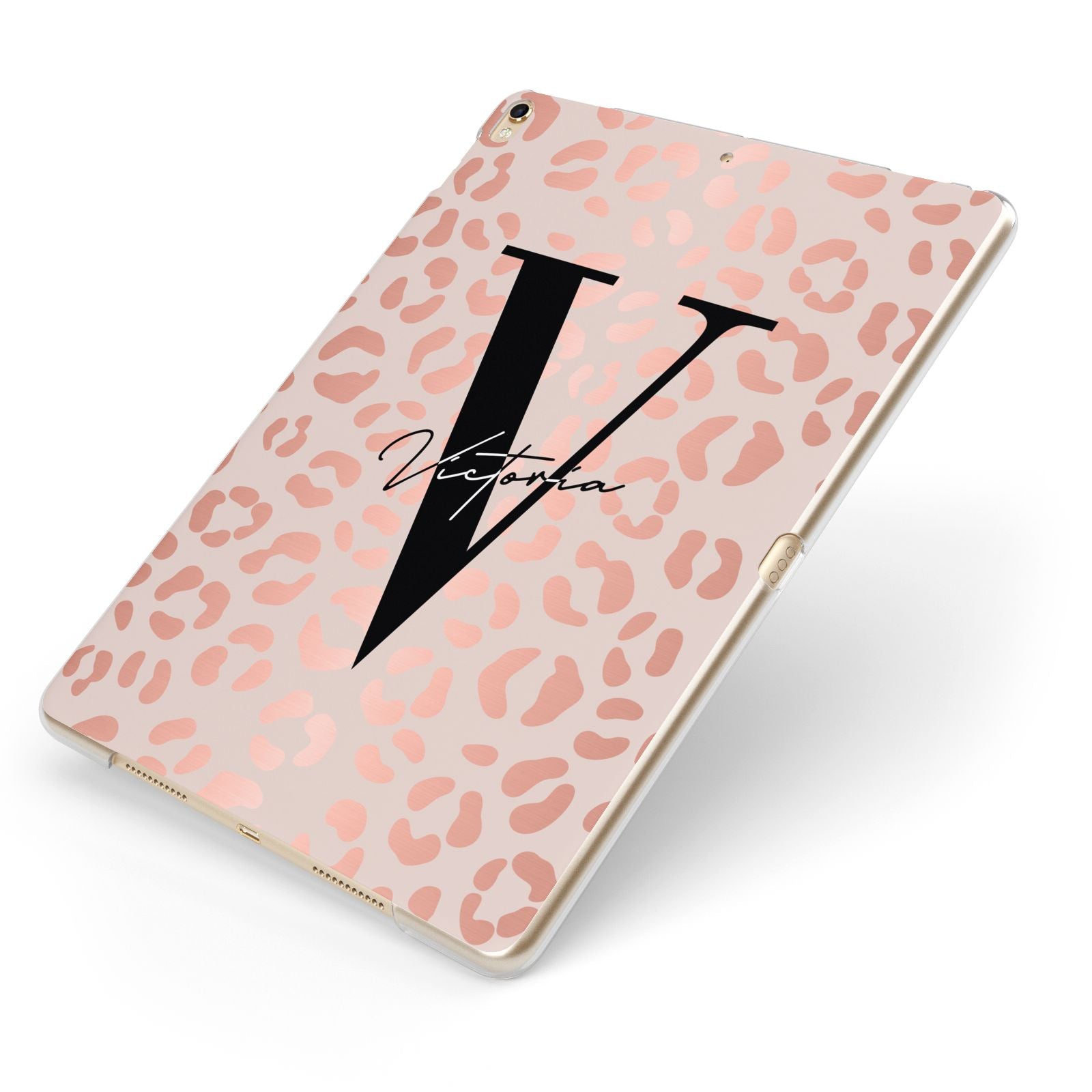 Personalised Leopard Print Rose Gold Apple iPad Case on Gold iPad Side View