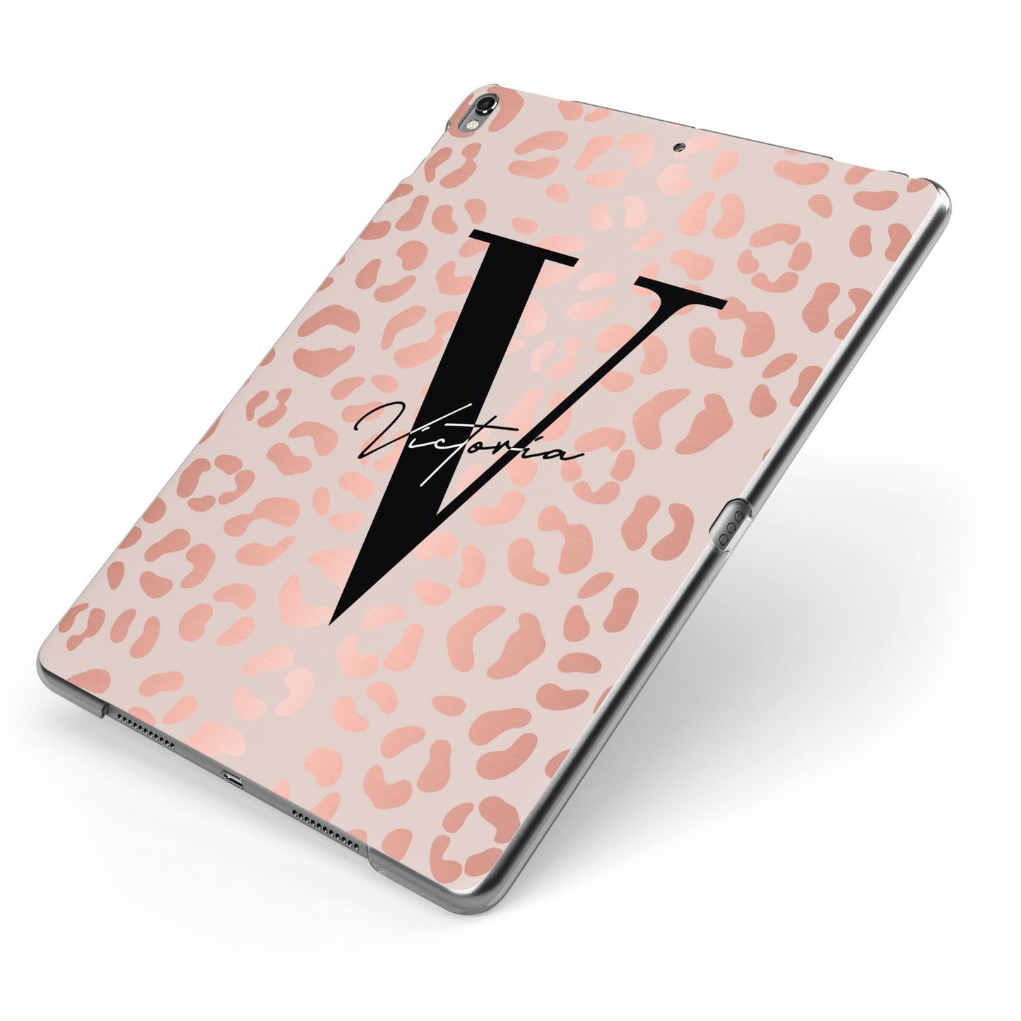 Personalised Leopard Print Rose Gold Apple iPad Case on Grey iPad Side View