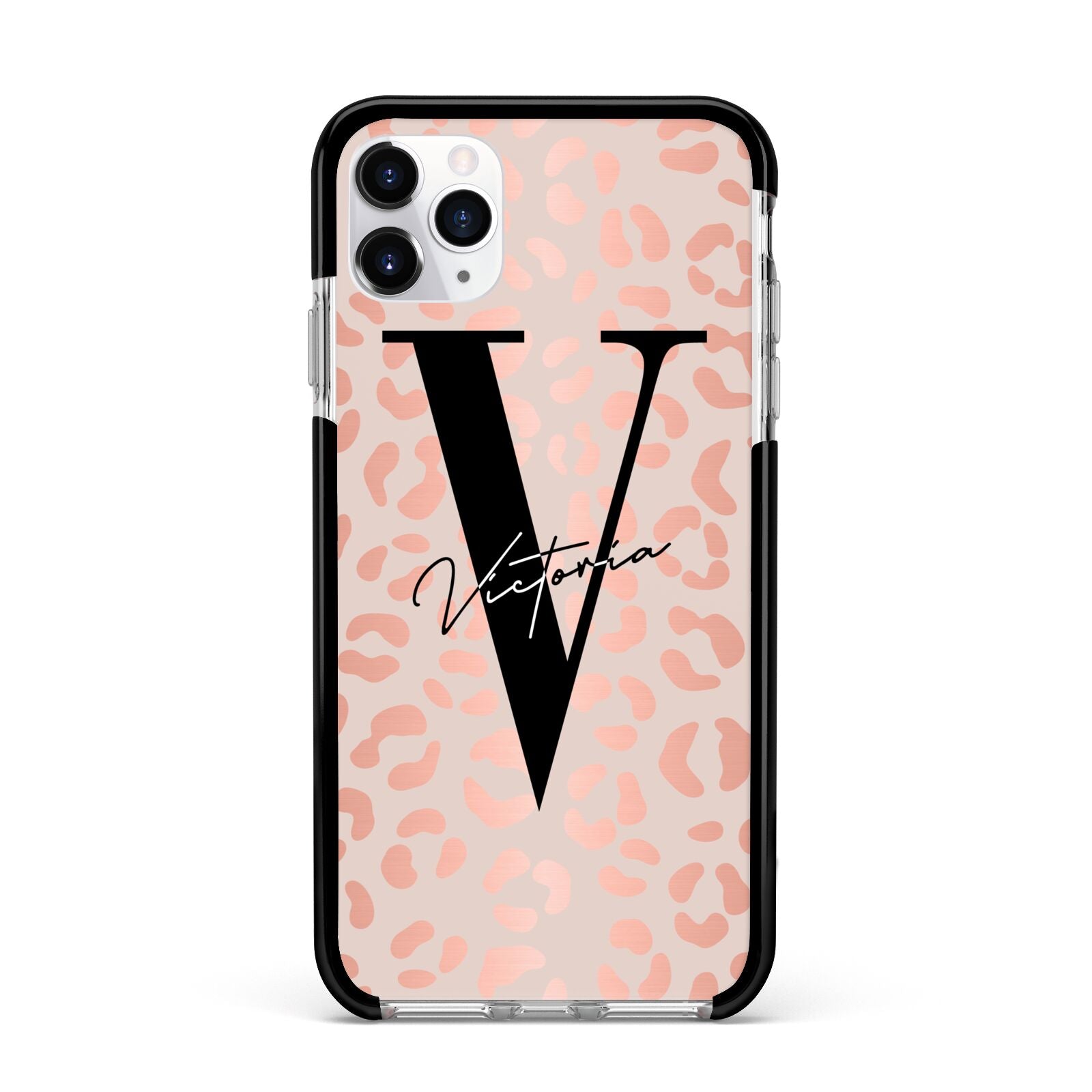 Personalised Leopard Print Rose Gold Apple iPhone 11 Pro Max in Silver with Black Impact Case
