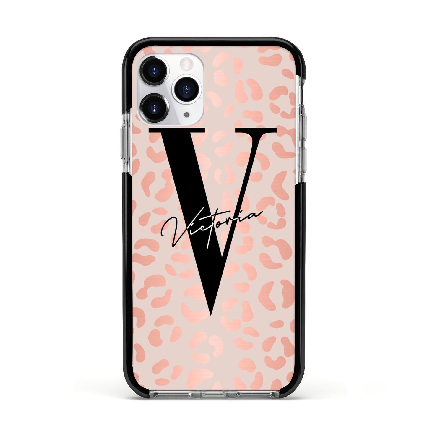 Personalised Leopard Print Rose Gold Apple iPhone 11 Pro in Silver with Black Impact Case