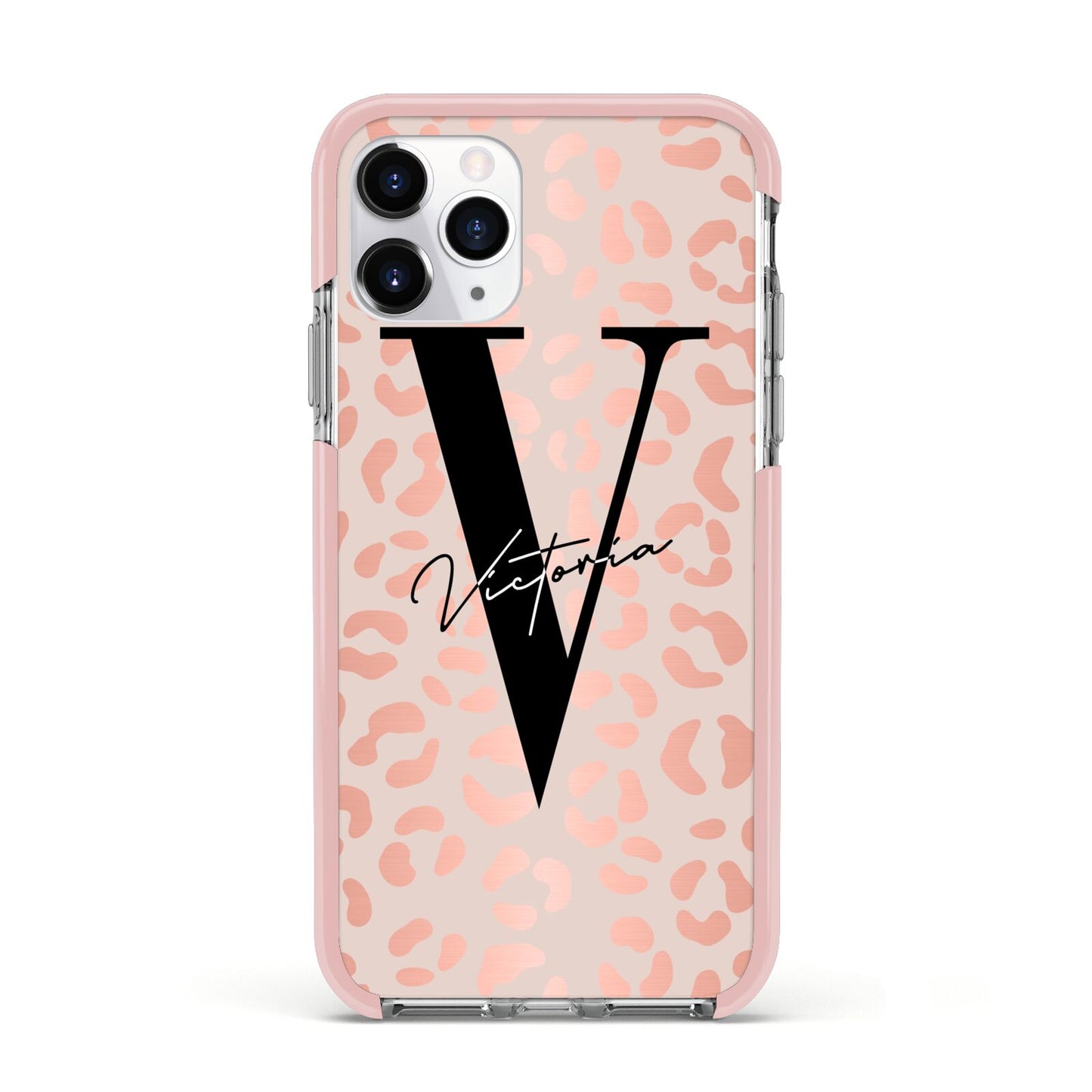 Personalised Leopard Print Rose Gold Apple iPhone 11 Pro in Silver with Pink Impact Case